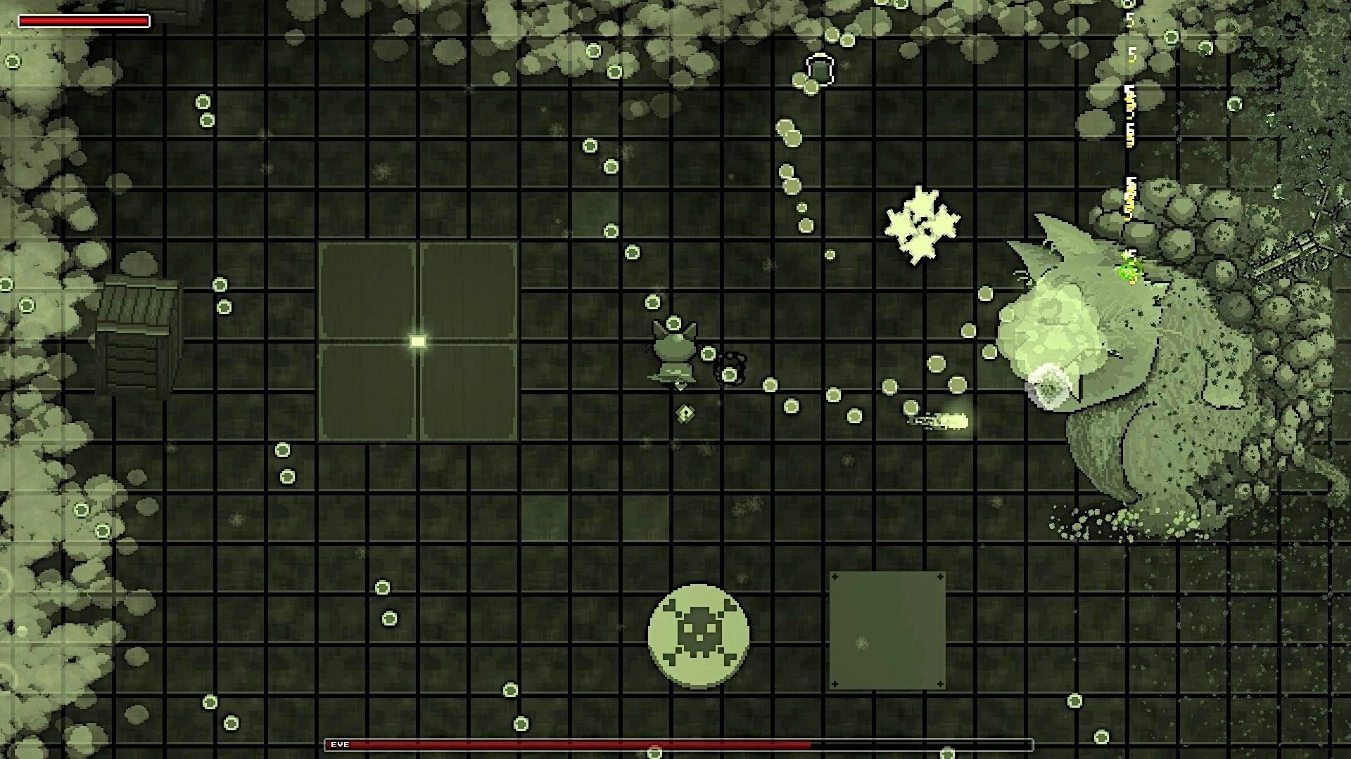 Drako: Cat hero dodges bullet patterns on a tiled arena, fighting a huge slime boss with HP bar.