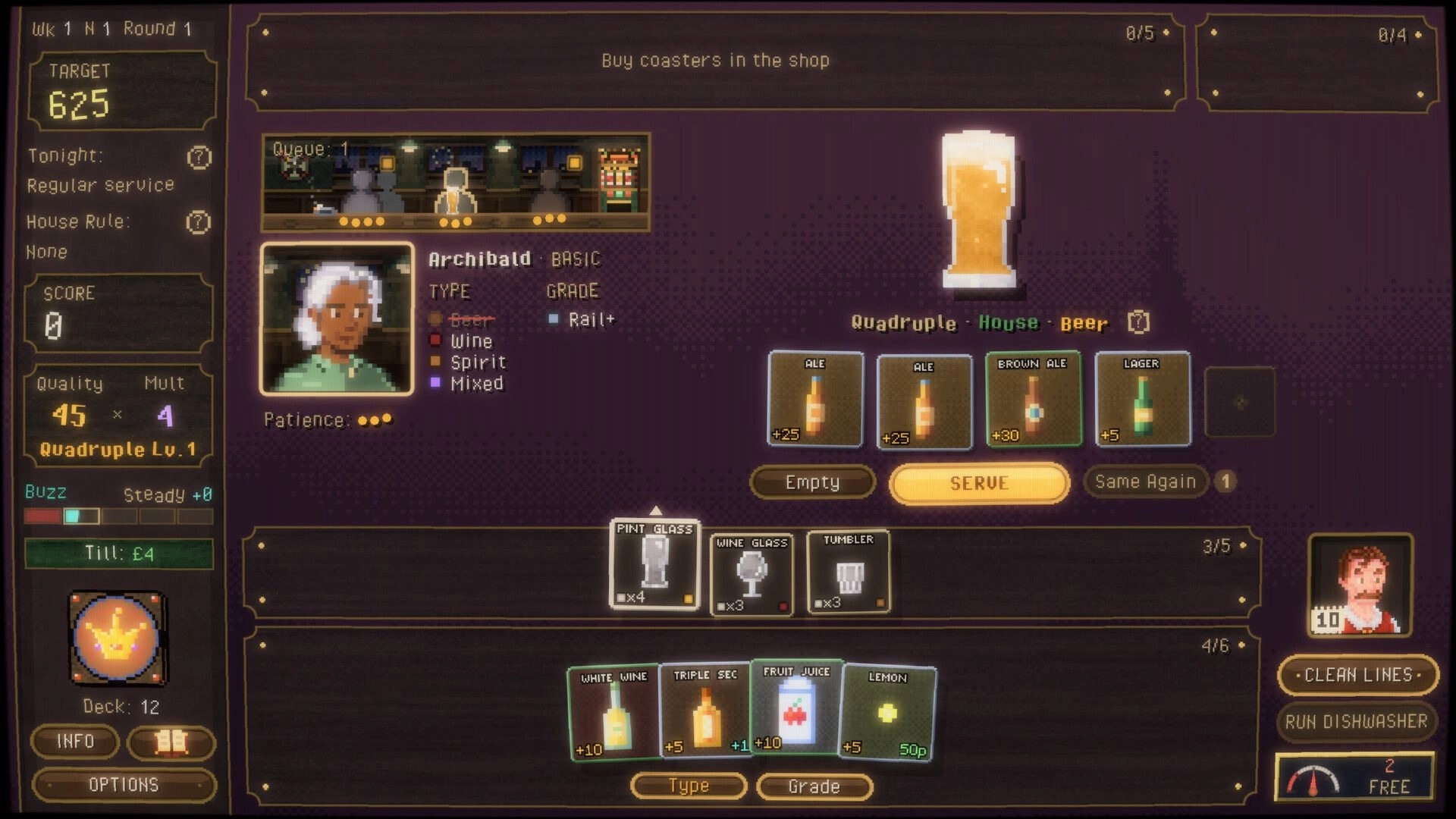 Draught King: Serving Quadruple House Beer to Archibald with ingredient cards and pub bar UI.