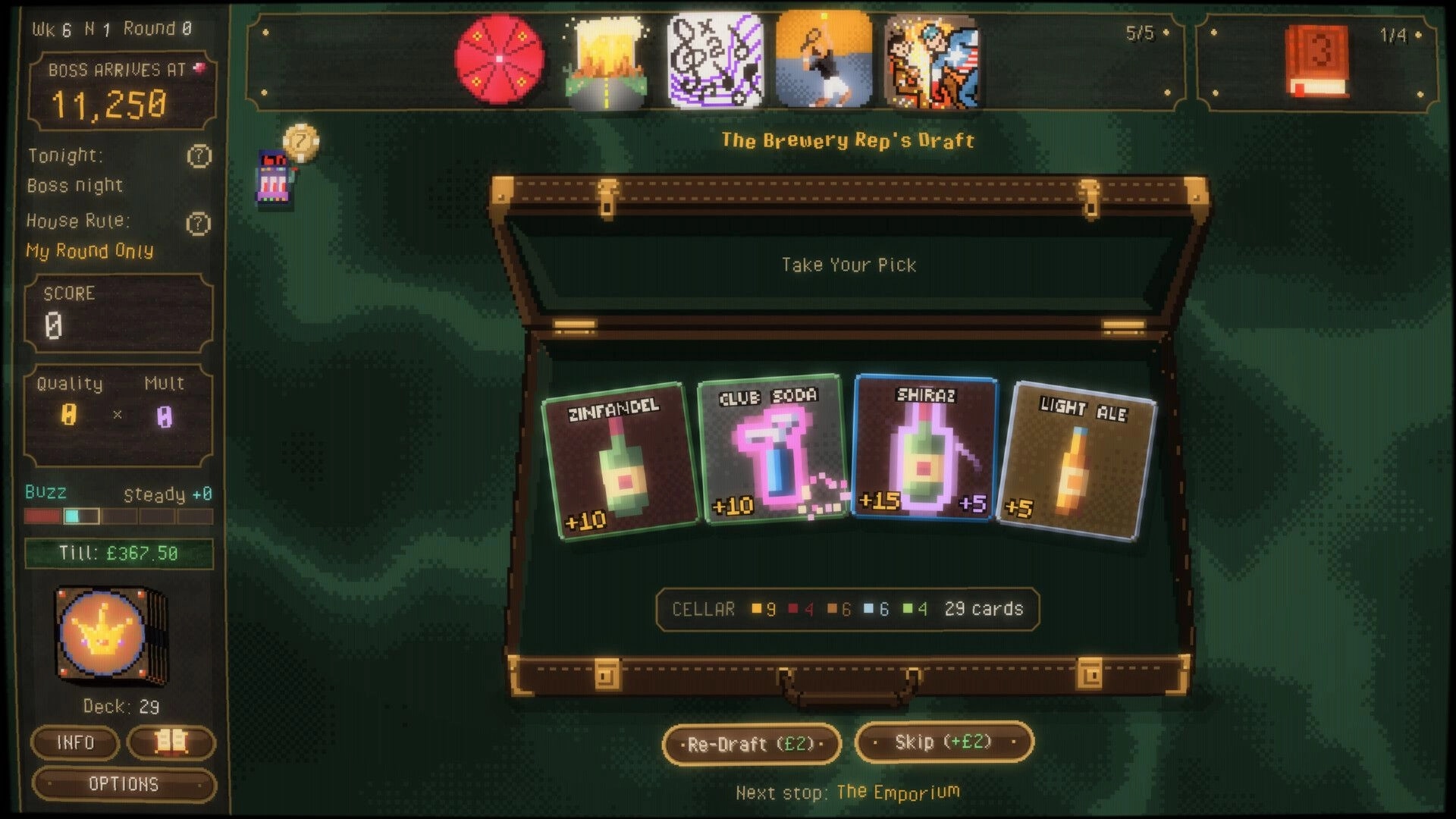 Draught King: Brewery Rep's Draft pick screen with four drink cards and boss timer in pub UI.