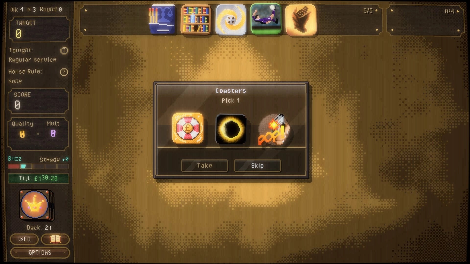 Draught King: Coasters pick-one reward popup with three icons and Take/Skip buttons on pub UI.