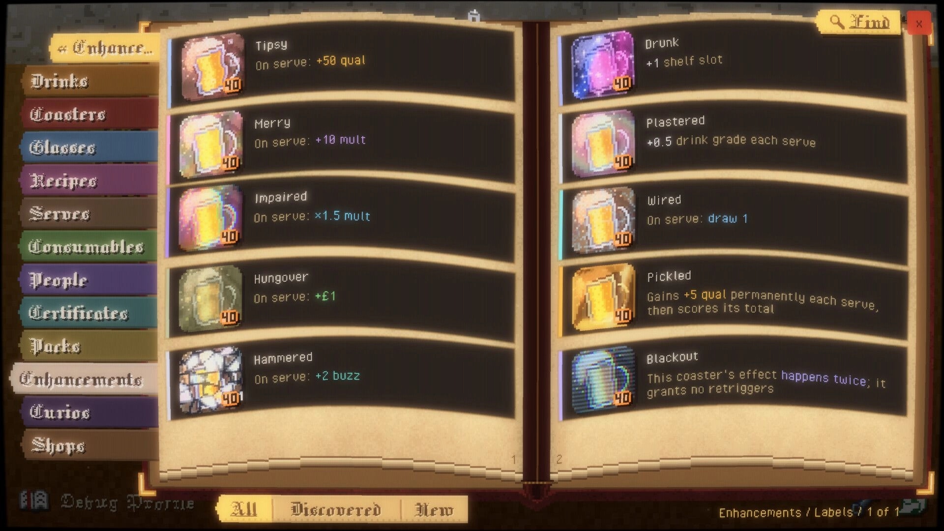 Draught King: Enhancements menu listing coaster labels like Tipsy, Merry and Blackout in book UI.