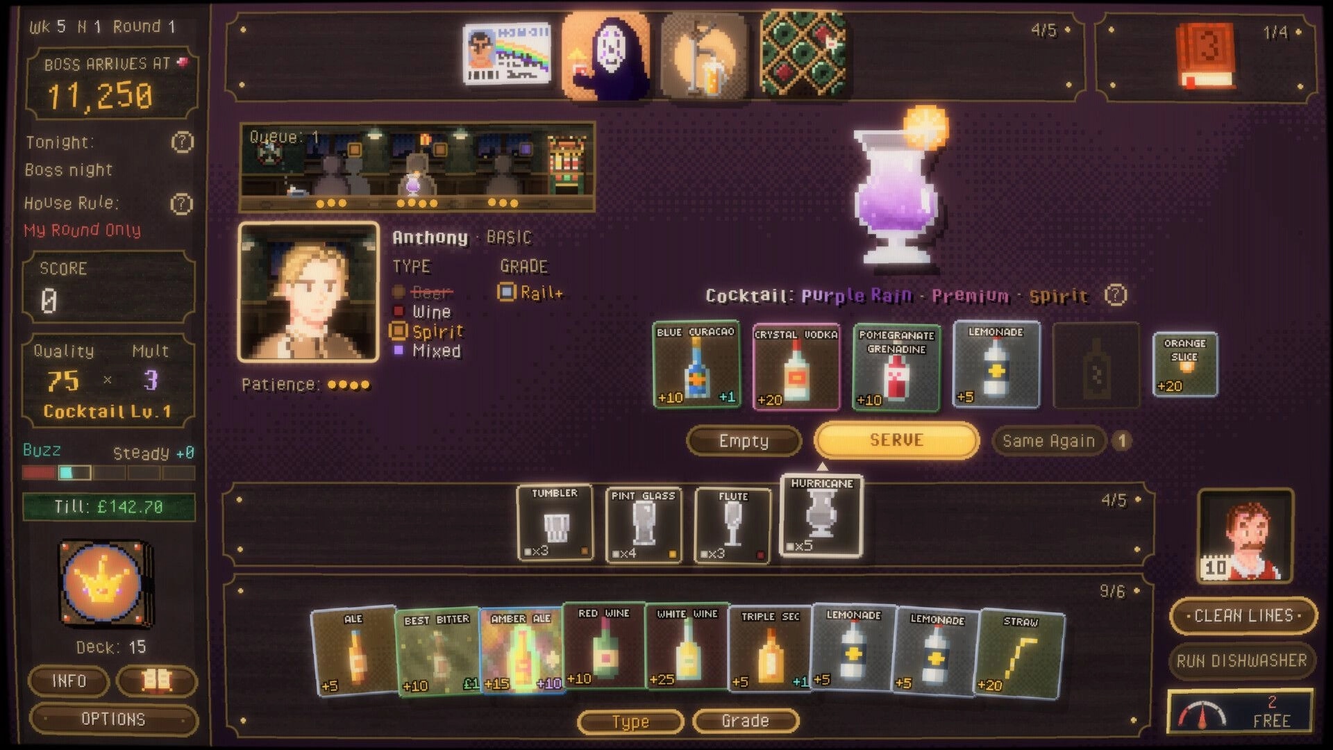Draught King: Mixing Purple Rain cocktail for Anthony using ingredient cards in the pub serving UI.
