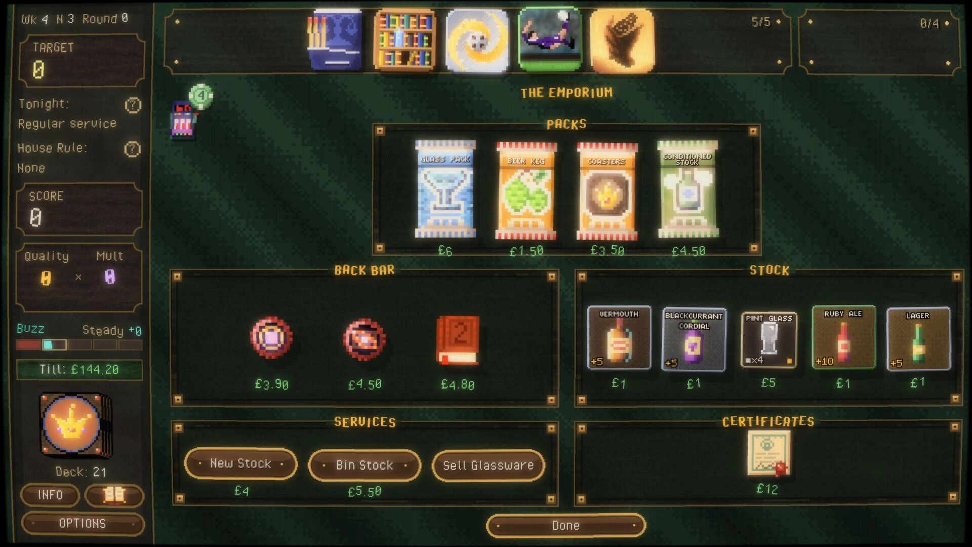 Draught King: Emporium shop screen with pack offers, stock items, services buttons, and till total.