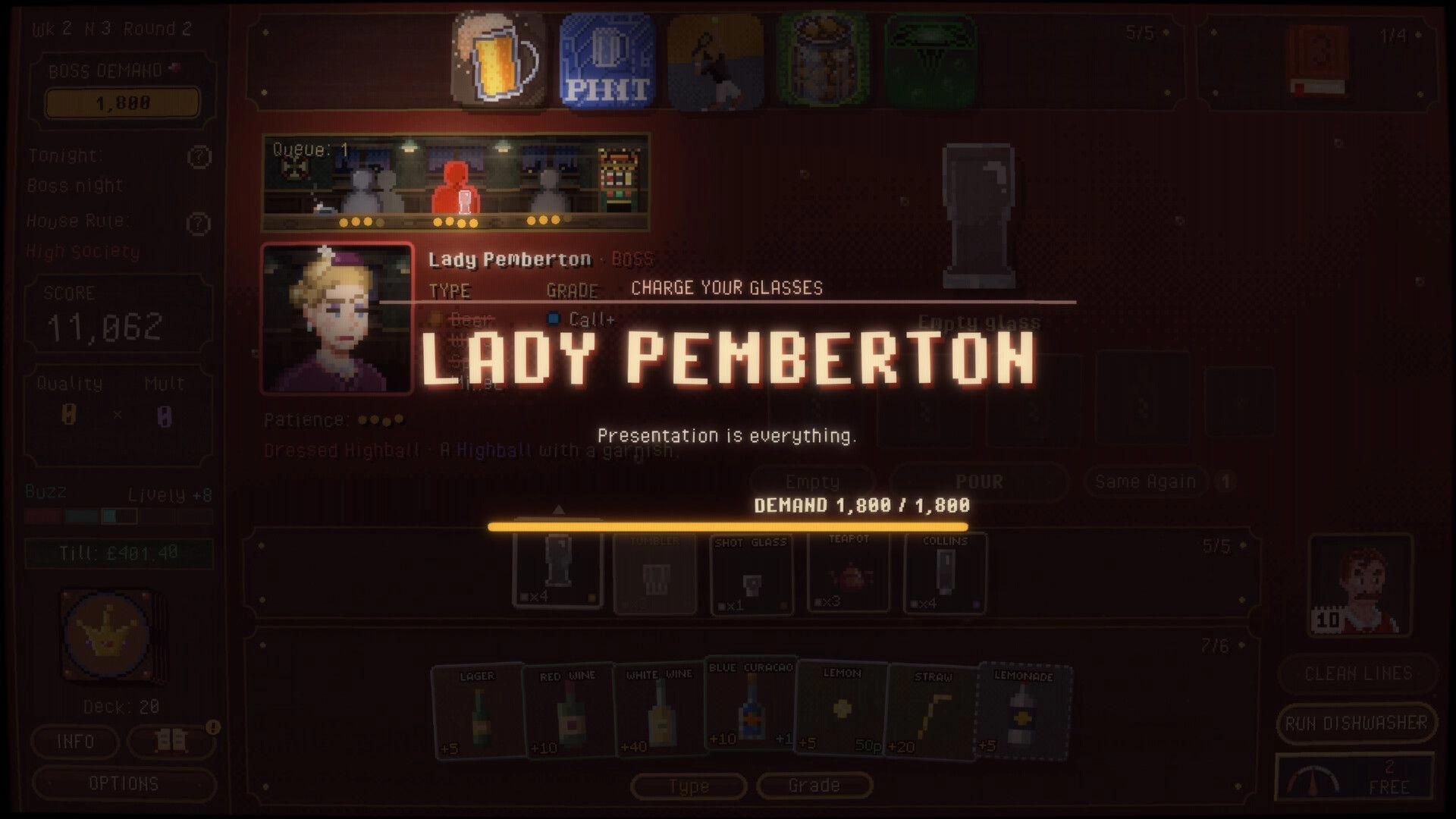Draught King: Boss customer Lady Pemberton demand screen with drink cards and bar queue UI visible.