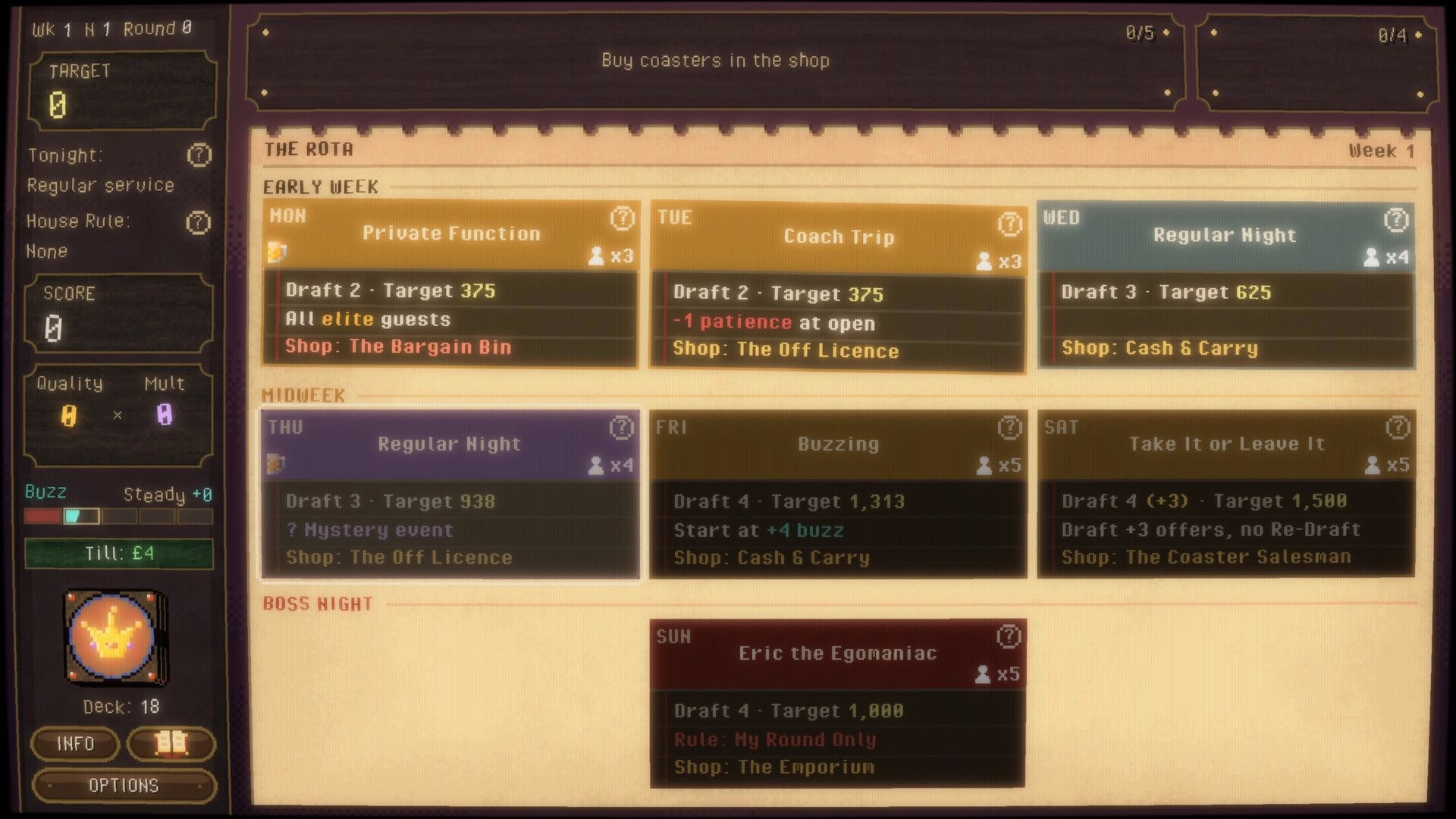 Draught King: Week 1 rota screen listing daily events, draft targets, and shop choices in a calendar UI.