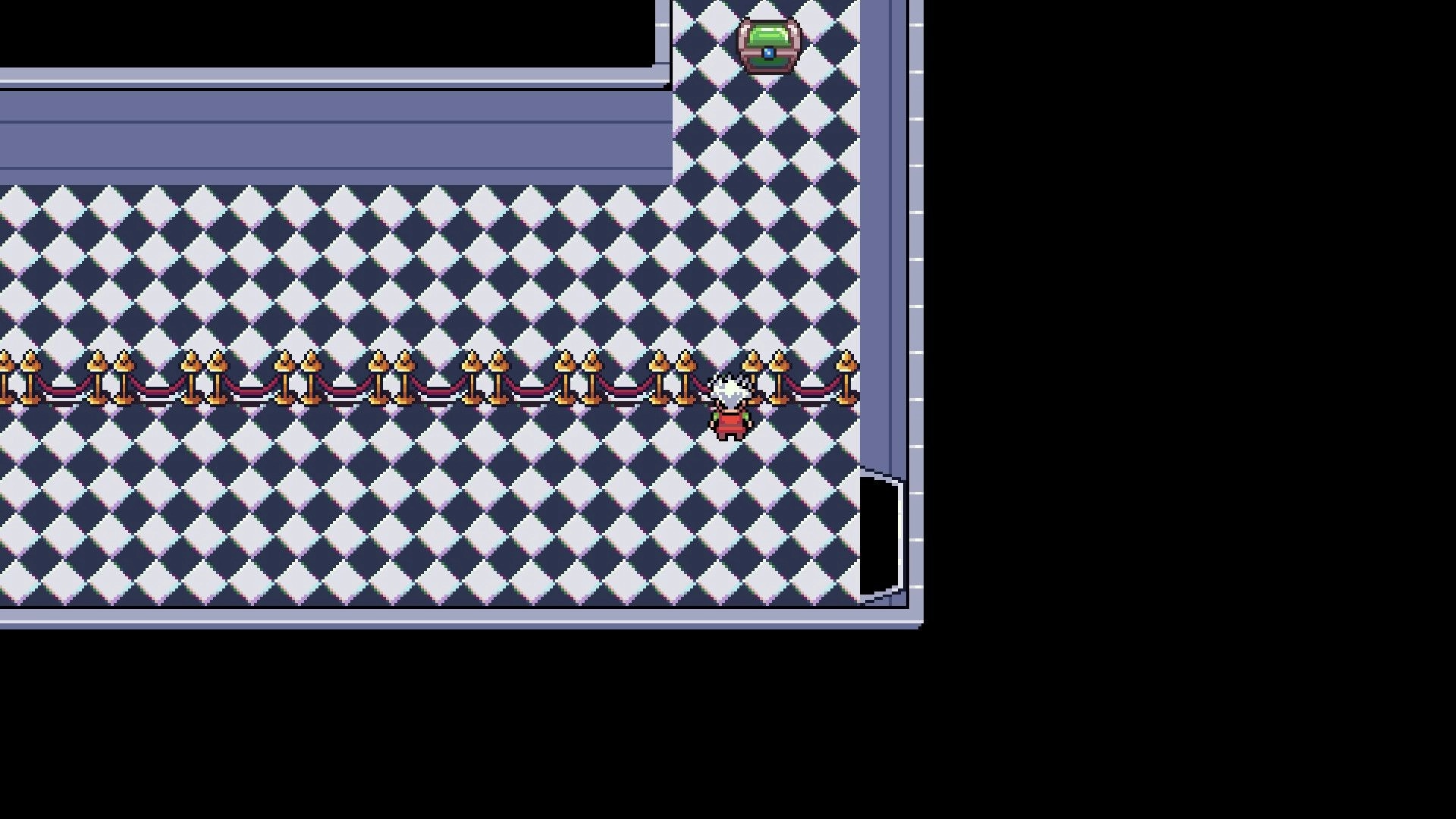 DRAW WORLD 星屑の「勇者」: Cade exploring hallway with checkered floor and cordoned-off area