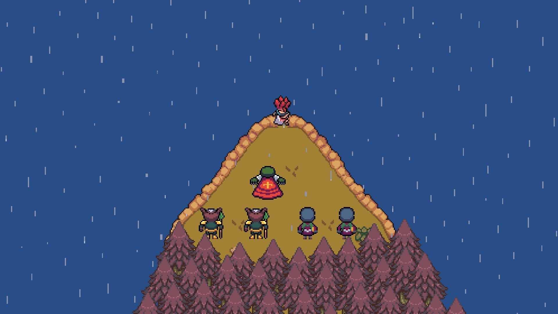 DRAW WORLD 星屑の「勇者」: Cade confronts a figure on a cliff in the rain, surrounded by forest trees.