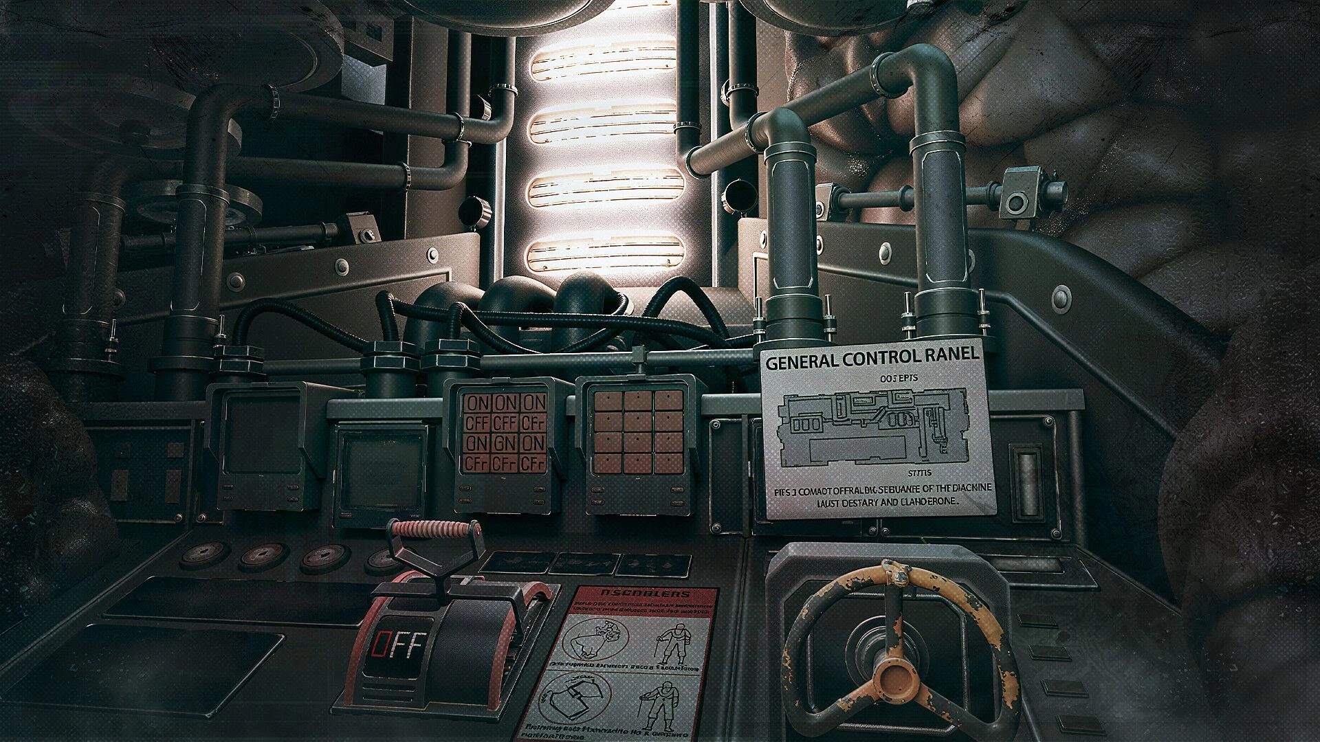 Dread Meridian™: Industrial control panel with switches and dials in a dimly lit mechanical room