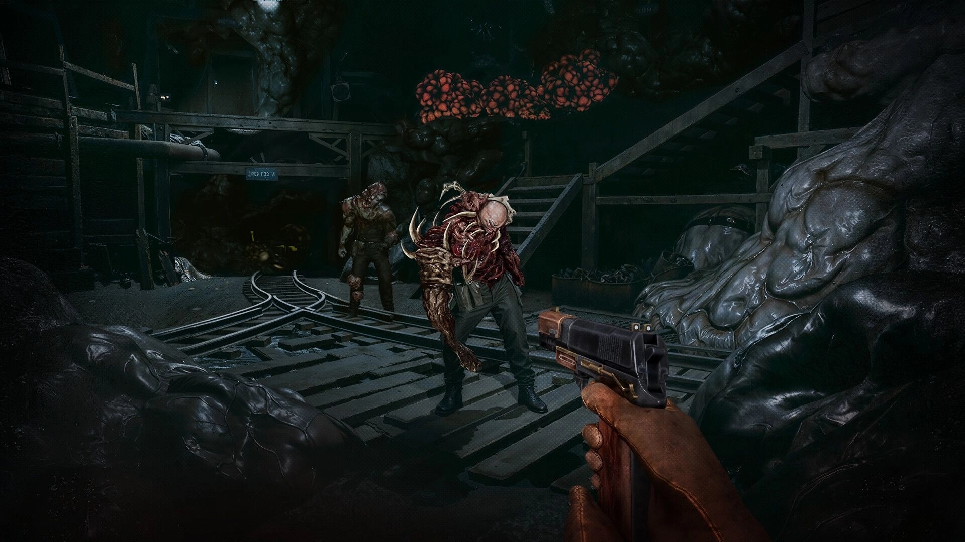 Dread Meridian™: First-person view aiming at grotesque creatures in dark, eerie tunnel environment.