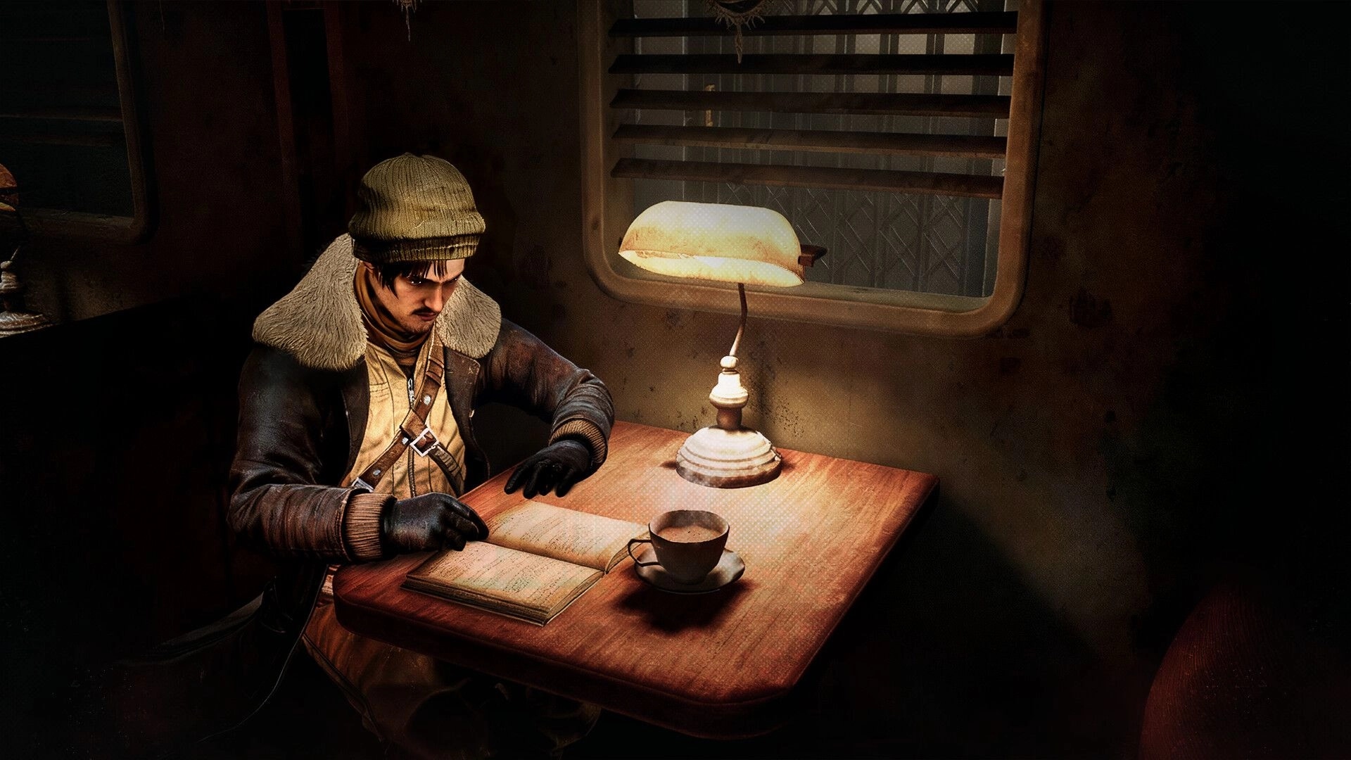 Dread Meridian™: Daniella reading a book in a dimly lit cabin with a cup of coffee on the table