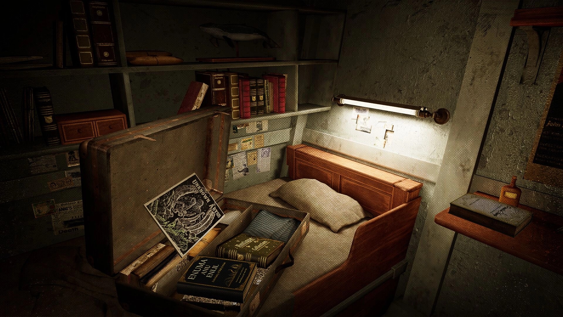 Dread Meridian™: Open suitcase with cryptic books in a dimly lit cabin room filled with shelves and notes.