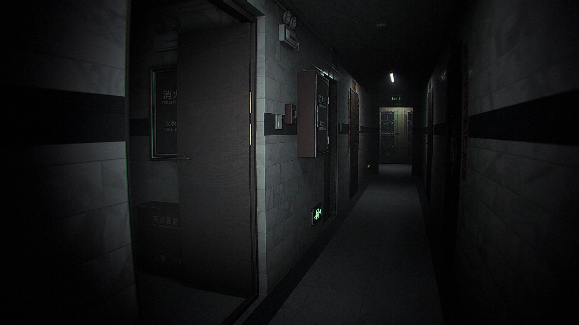 Dread Neighbor: First-person view down a dim apartment hallway with doors and exit signs at night.