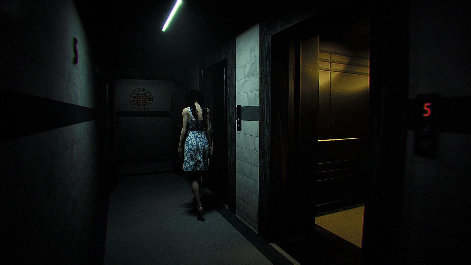 Dread Neighbor: Woman in a floral dress walks down a dim hallway past an open elevator door.