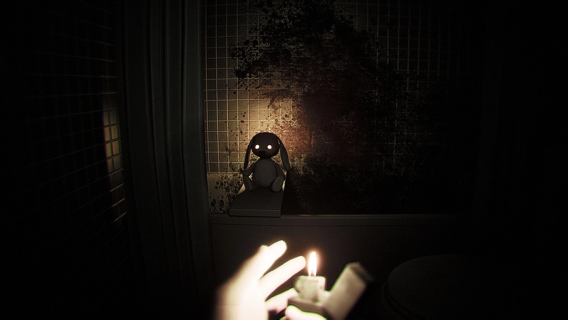 Dread Neighbor: Holding a lit lighter toward a glowing-eyed bunny doll in a grimy tiled bathroom.