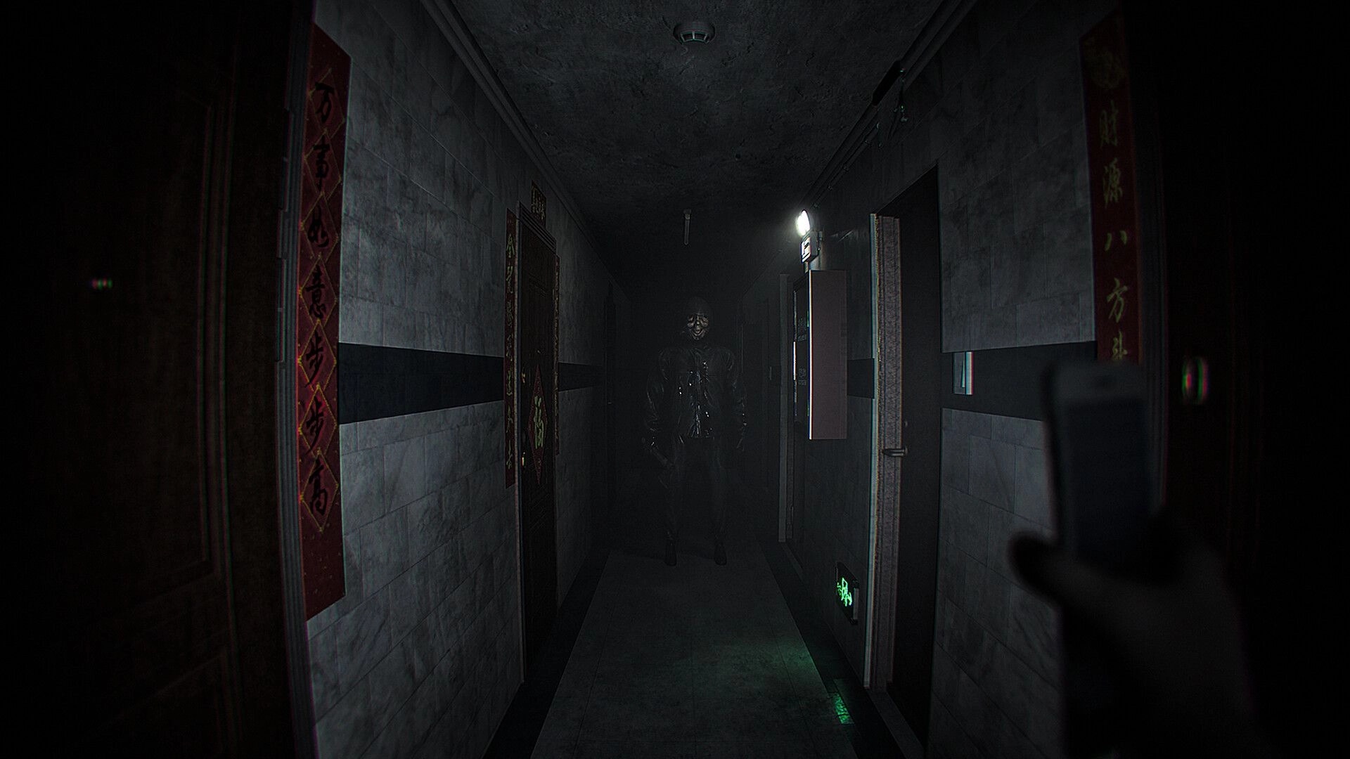 Dread Neighbor: Shadowy figure in a mask blocks the view in a dim, narrow apartment hallway.
