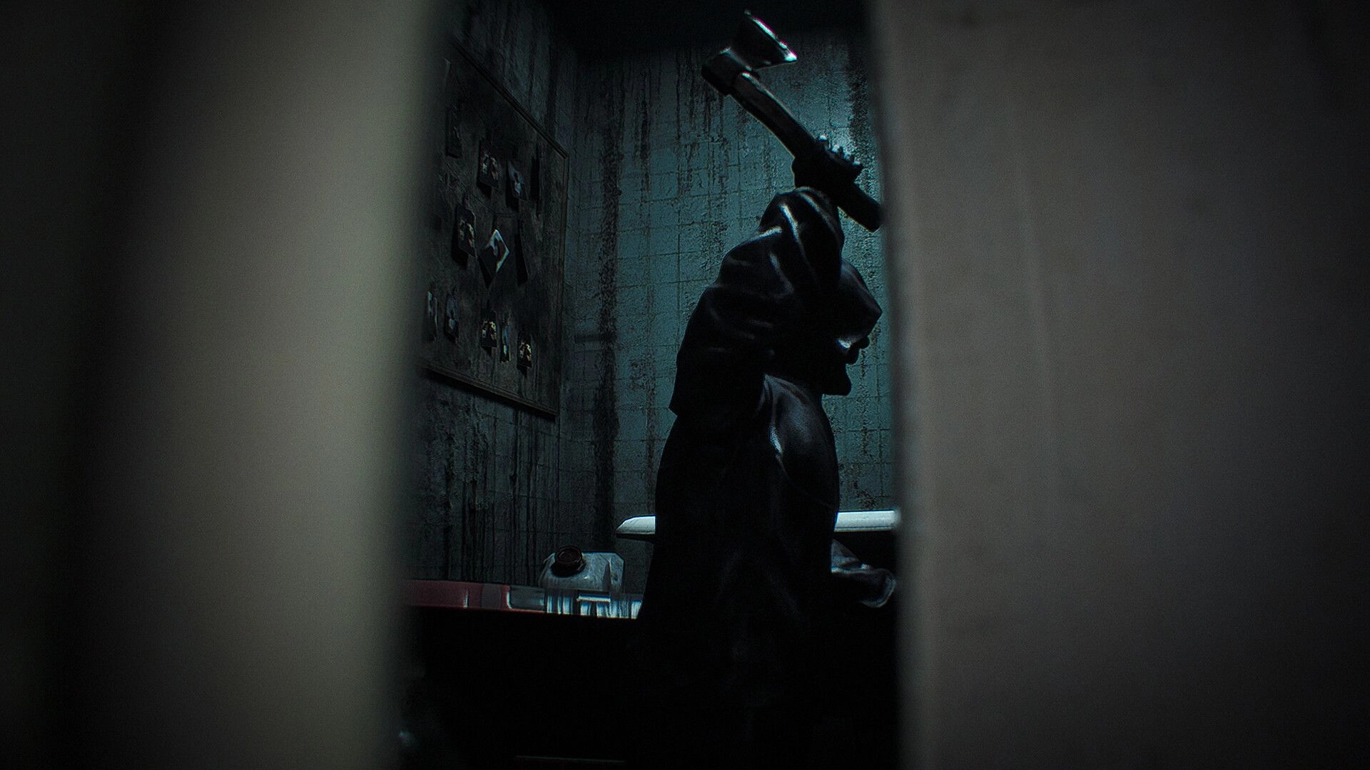 Dread Neighbor: Hooded figure raises a hammer to strike in a dim, grimy bathroom seen through a crack.