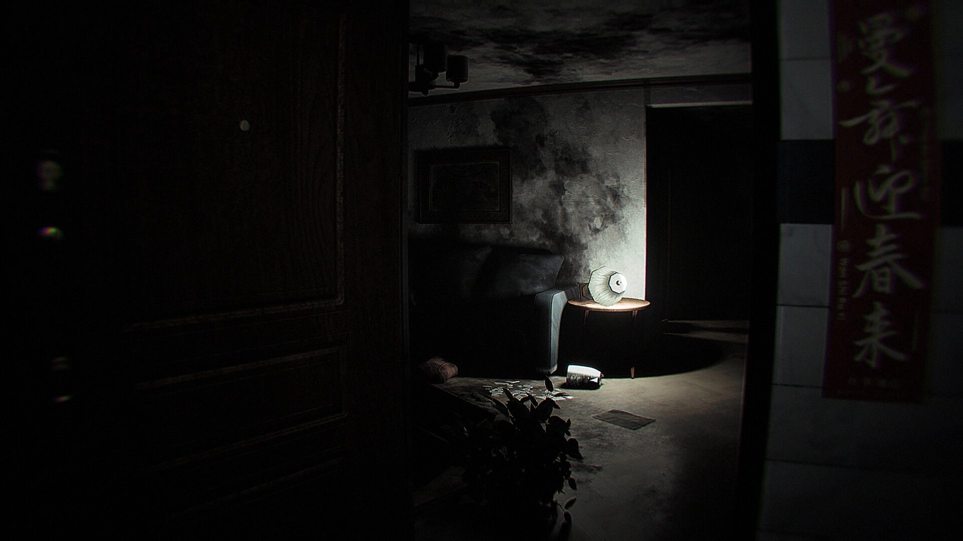Dread Neighbor: Peeking through a doorway at a dim room with a chair and scattered debris in an apartment.