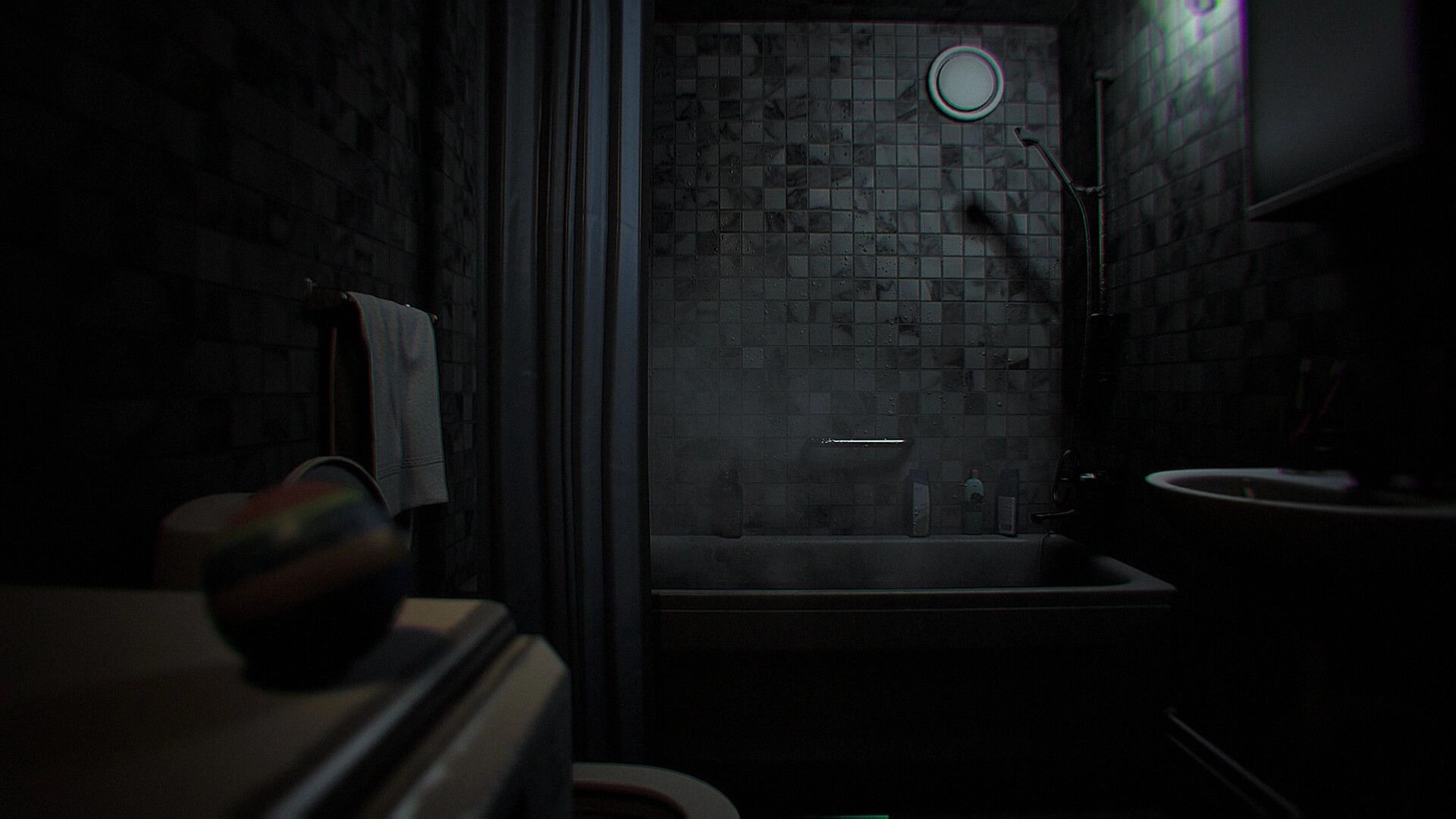 Dread Neighbor: First-person view facing a grimy bathtub and showerhead in a dim tiled bathroom.