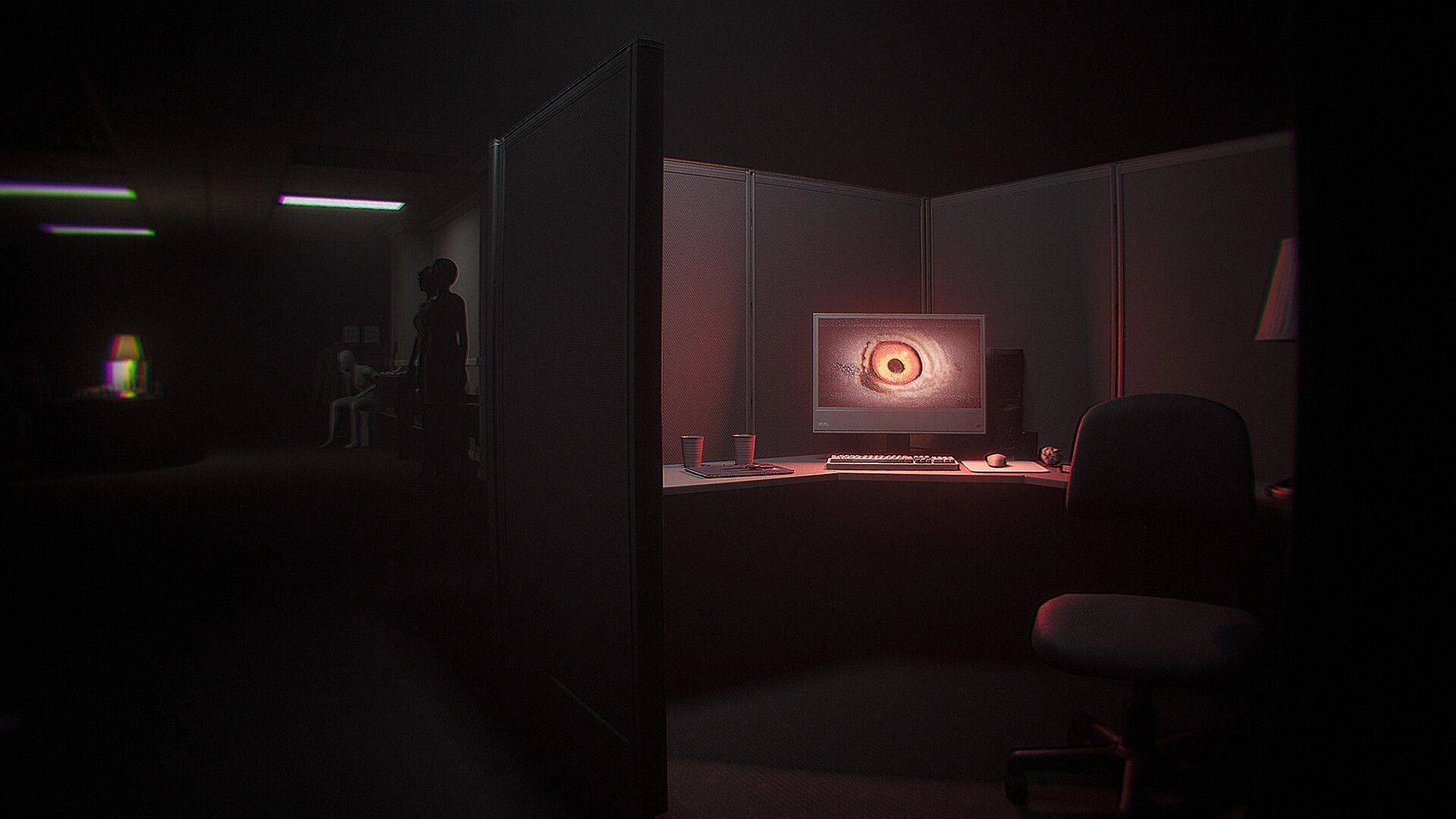 Dread Neighbor: Creepy eye image on a computer monitor in a dim office cubicle with silhouettes nearby.