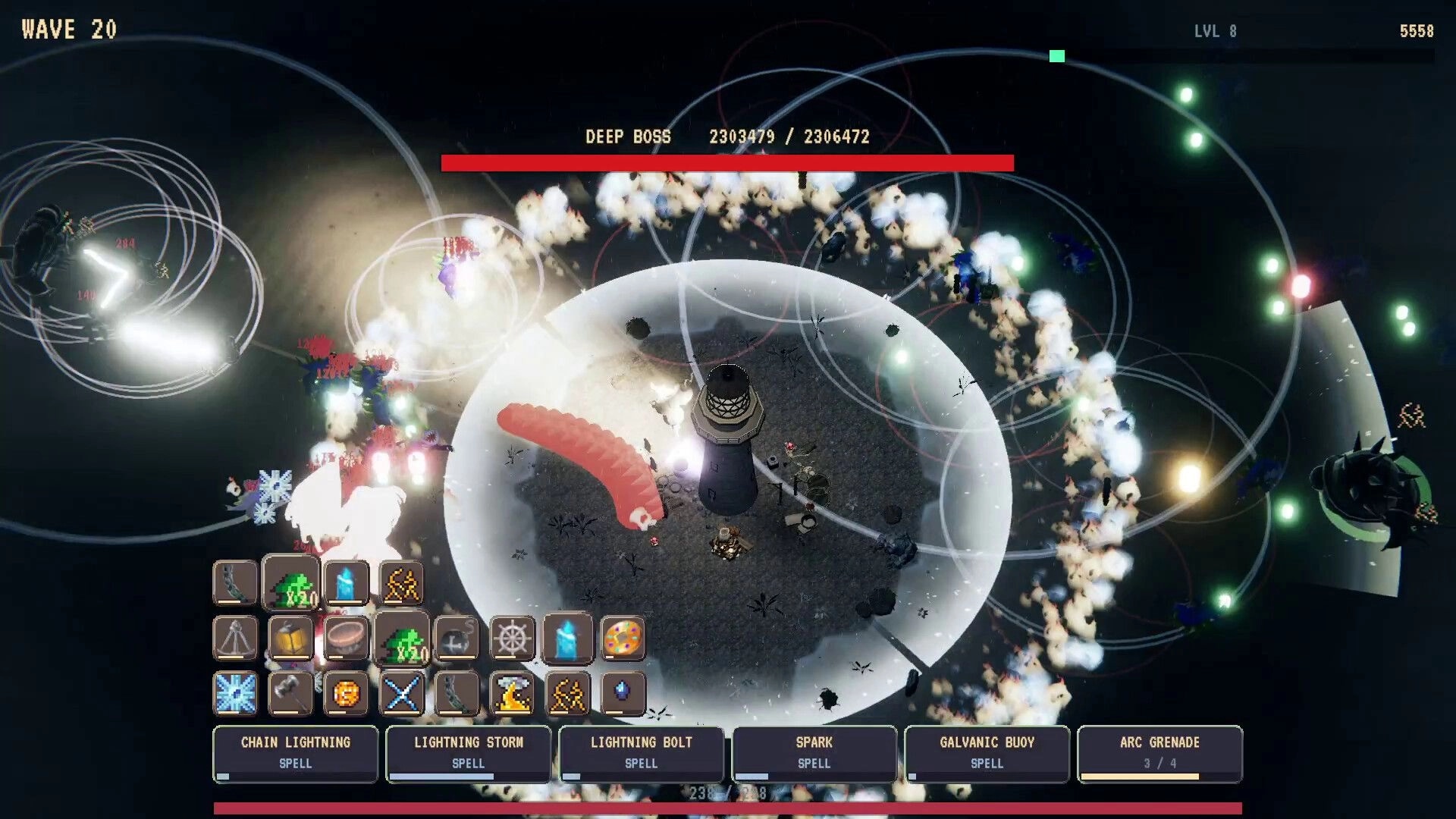 Dread of the Deep: Deep Boss fight around a lighthouse, spell hotbar and wave 20 UI visible.