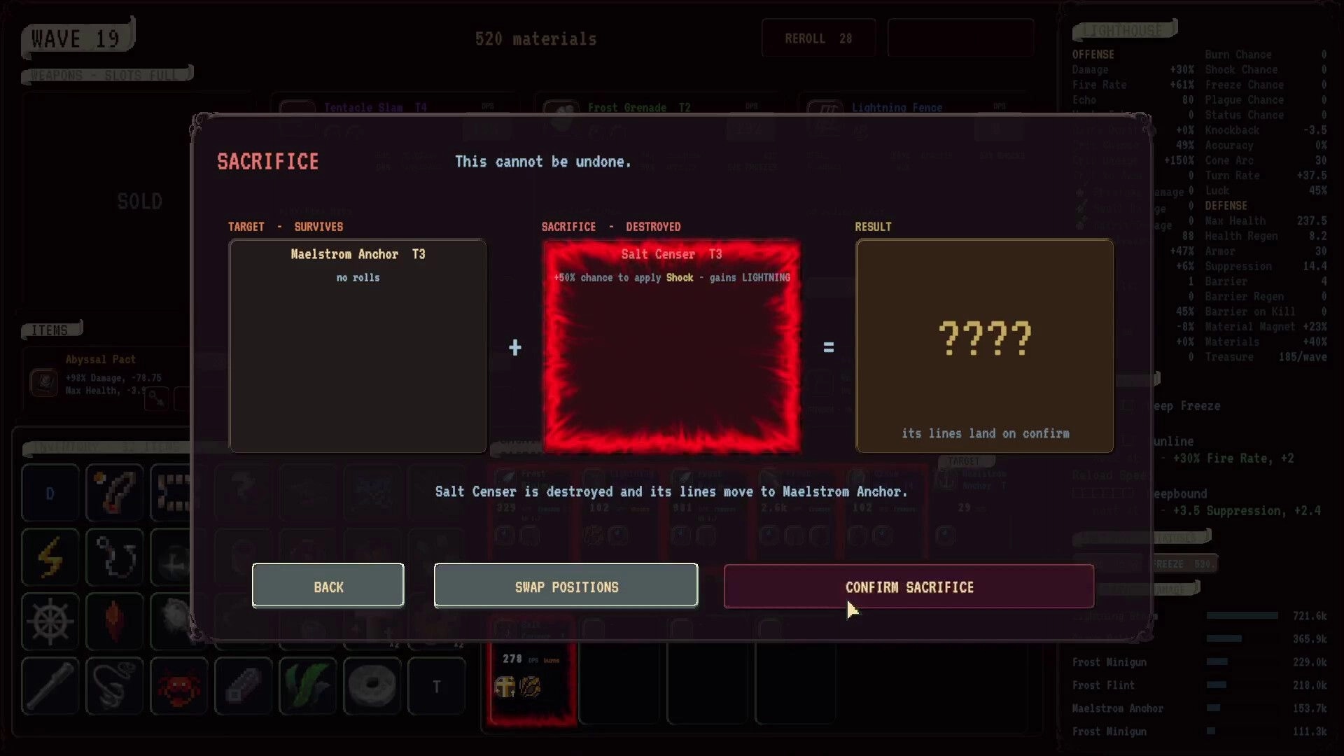 Dread of the Deep: Sacrifice menu merging Maelstrom Anchor with Salt Censer, result unknown in inventory UI.