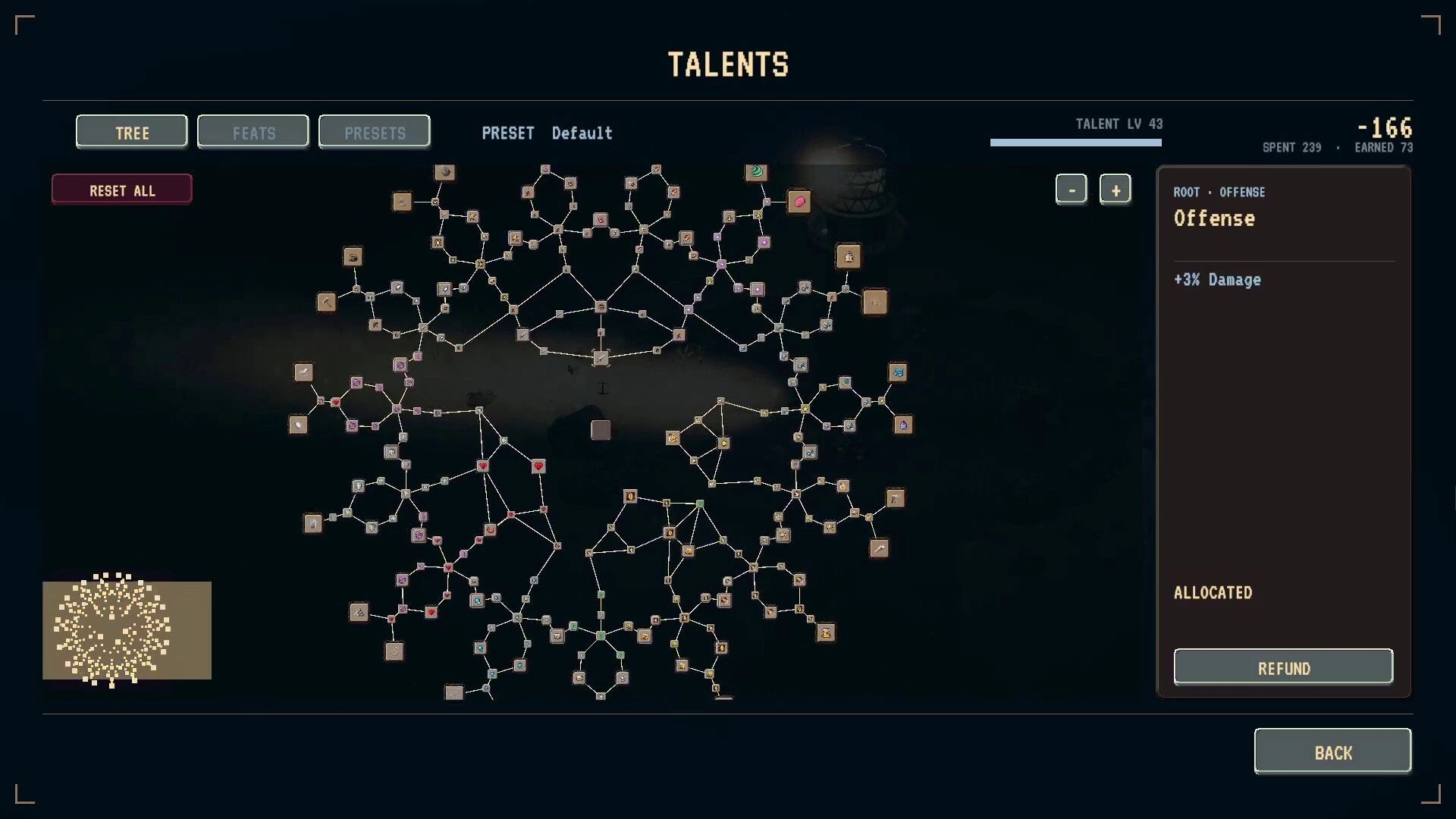 Dread of the Deep: Talents tree screen with linked nodes, Offense tooltip, refund and back buttons.