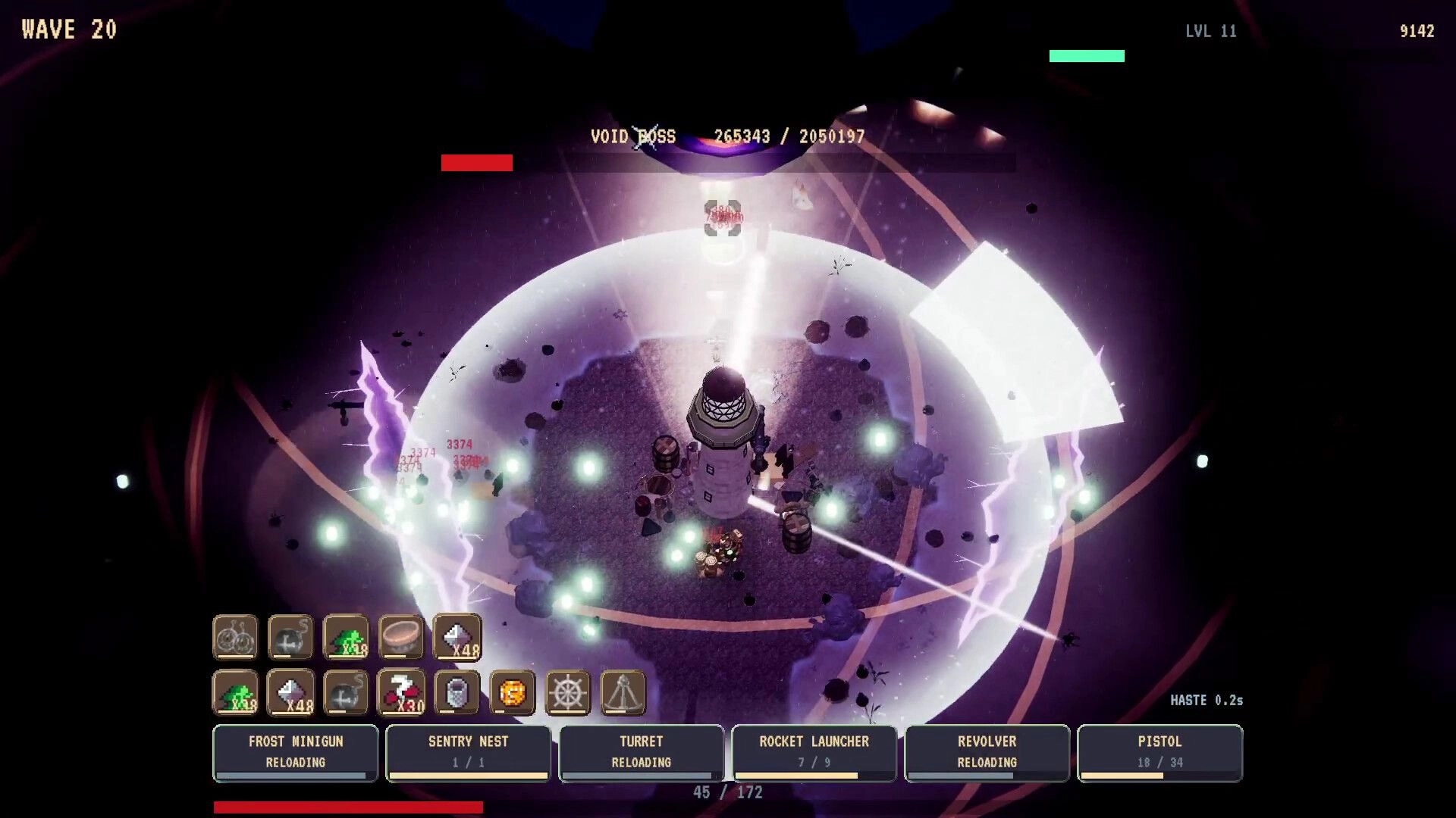 Dread of the Deep: Lighthouse firing a beam at Void Boss in Wave 20, weapon hotbar and reload UI visible.