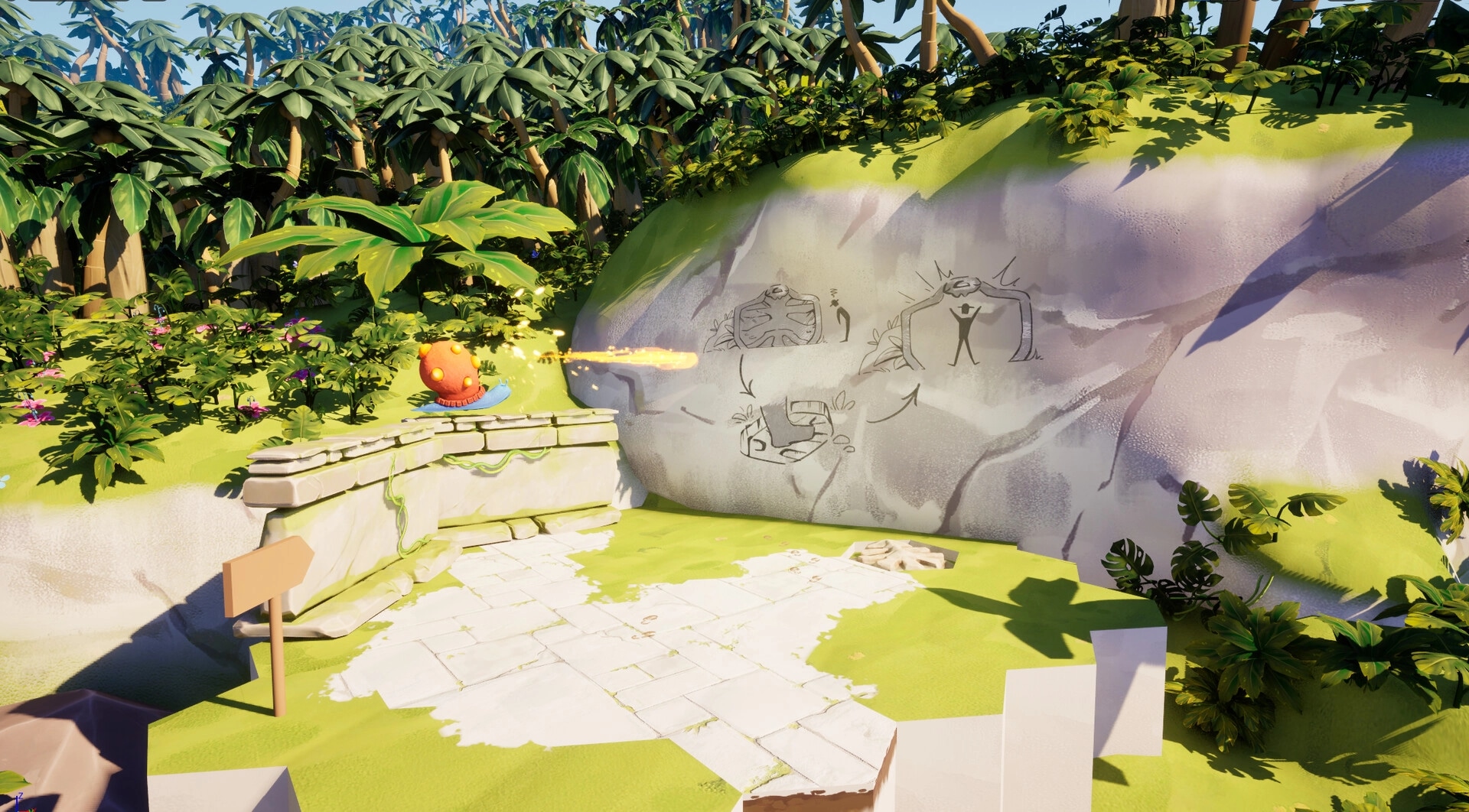 Dreadbone: Creature firing energy at ancient wall carvings in lush jungle setting