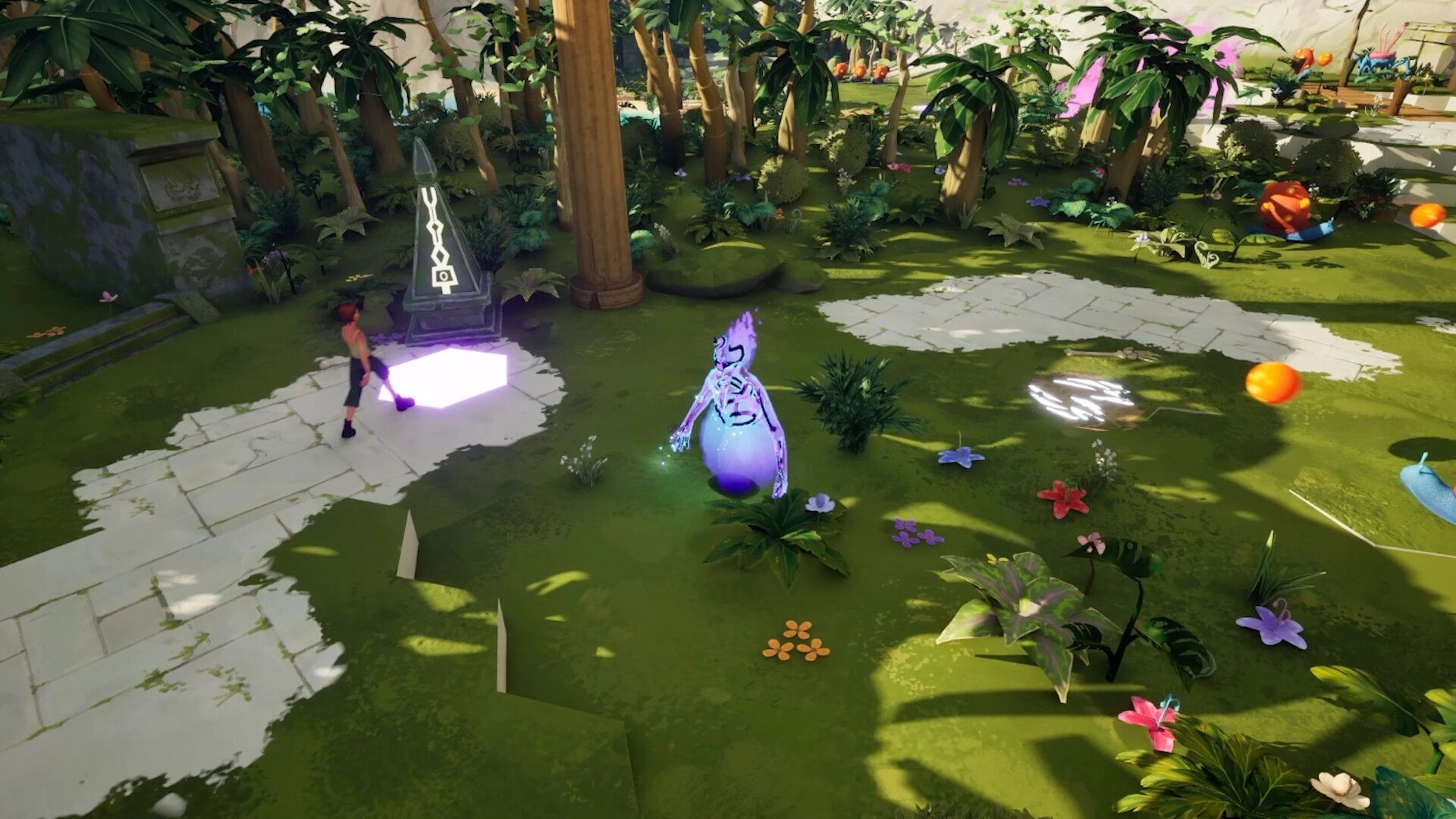 Dreadbone: Explorer interacts with glowing relic, mystical being nearby in lush jungle environment