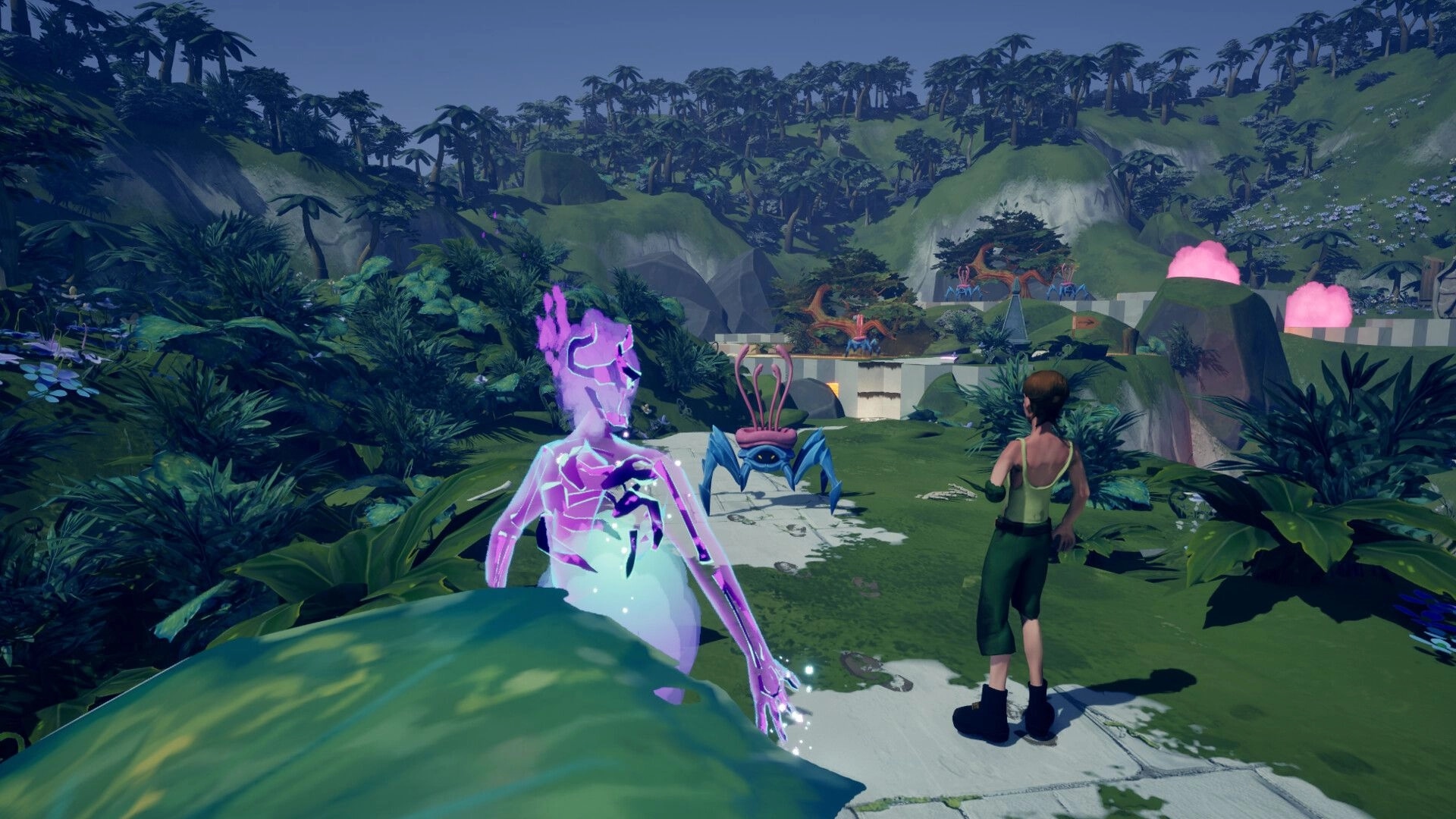 Dreadbone: Explorer encounters glowing spirit and crab creature on lush, mysterious island trail.