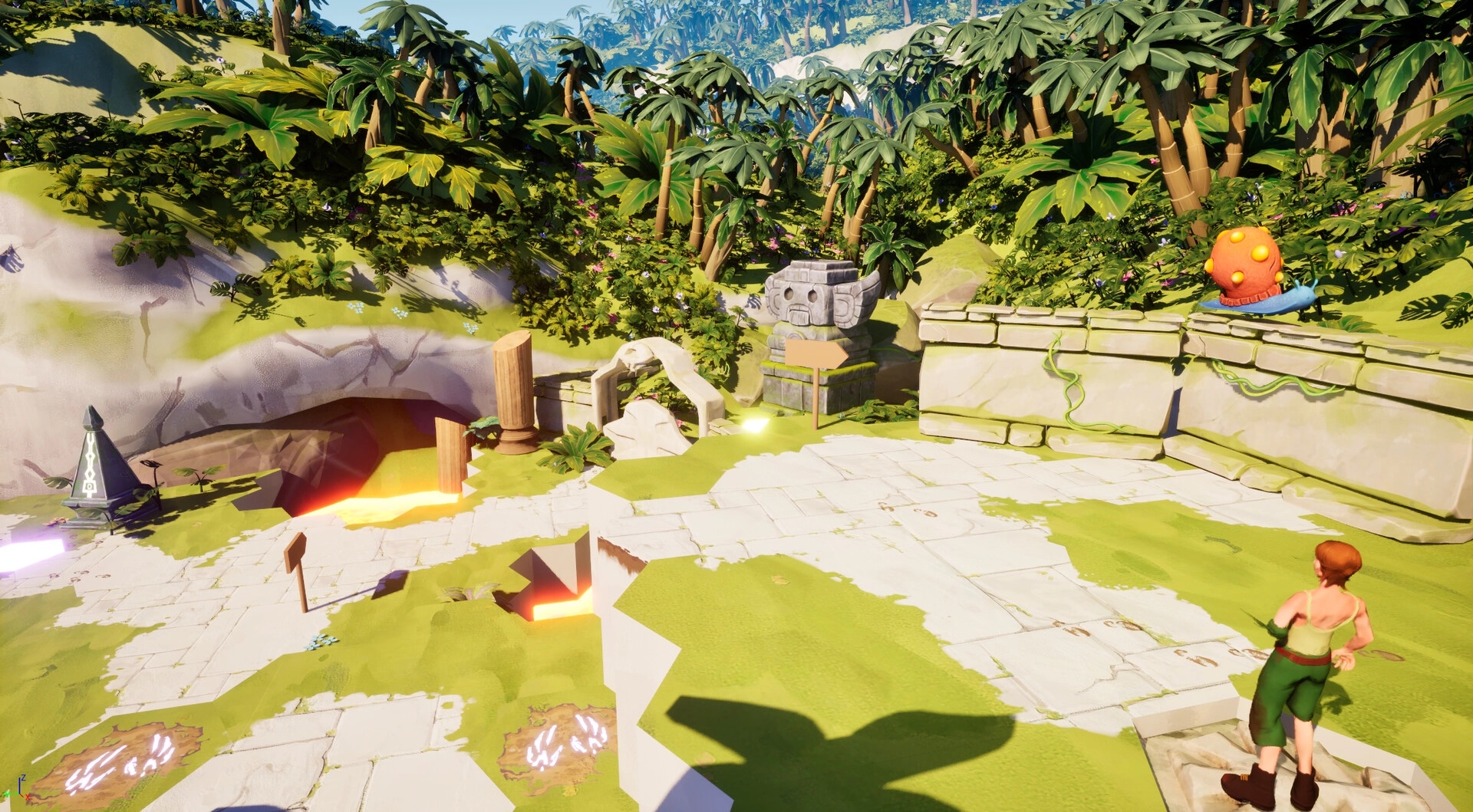 Dreadbone: Explorer stands near ancient relics, surrounded by lush jungle and stone structures on a sunny day.