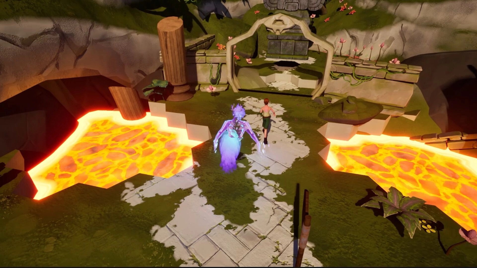 Dreadbone: Explorer and spirit guide cross ancient stone pathway flanked by lava on cursed island