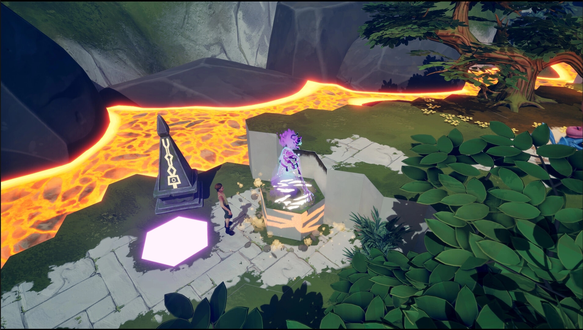 Dreadbone: Explorer near glowing obelisk and spirit figure by lava river on lush, rocky terrain