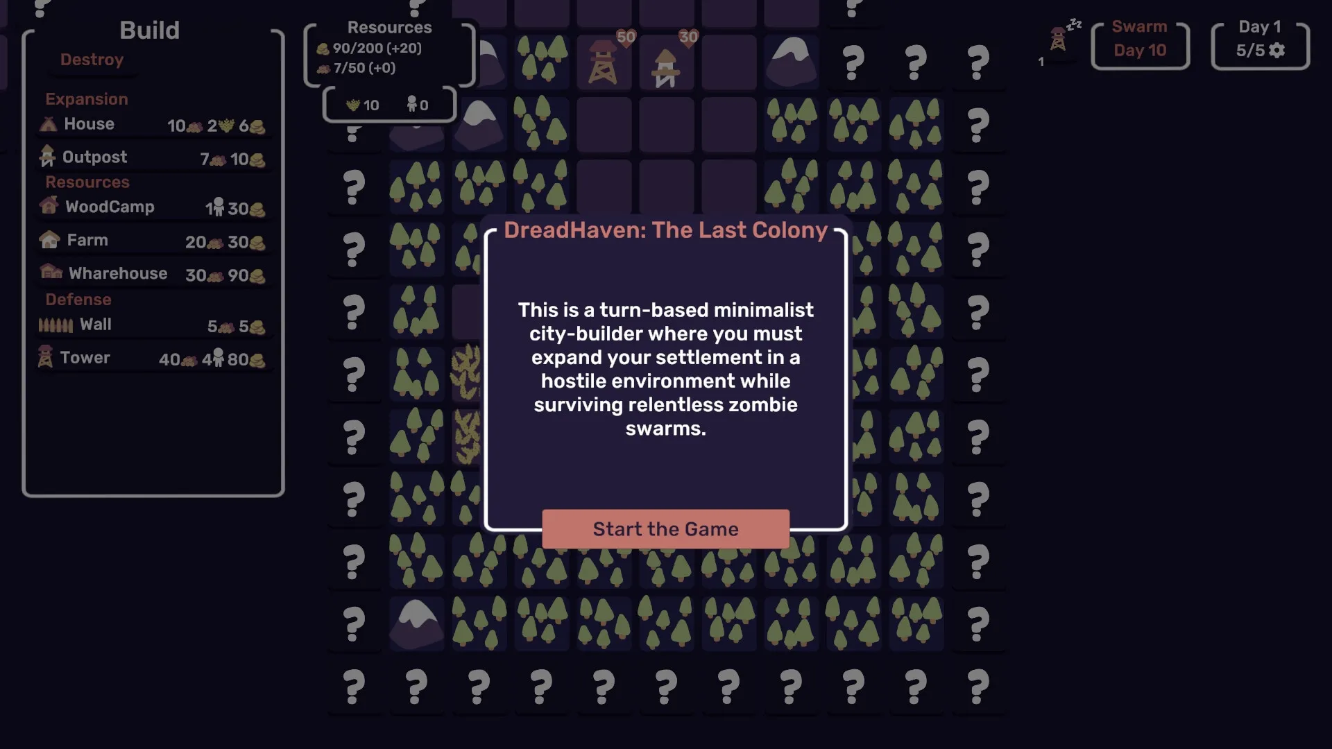 Dreadhaven: Build menu with resource indicators, grid map, and start game prompt in dark interface.