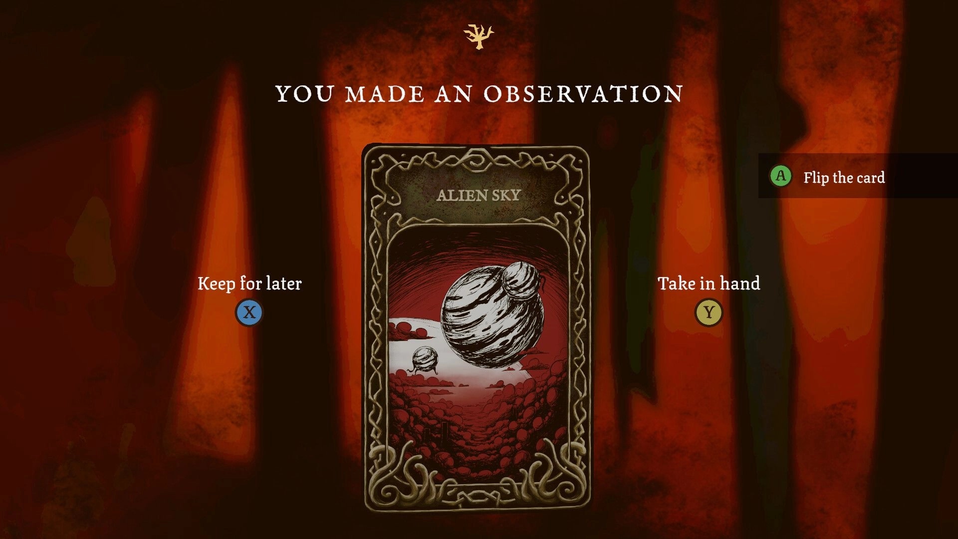 Dreadline Express: Observation card “Alien Sky” with flip and take prompts on a red, smoky backdrop.
