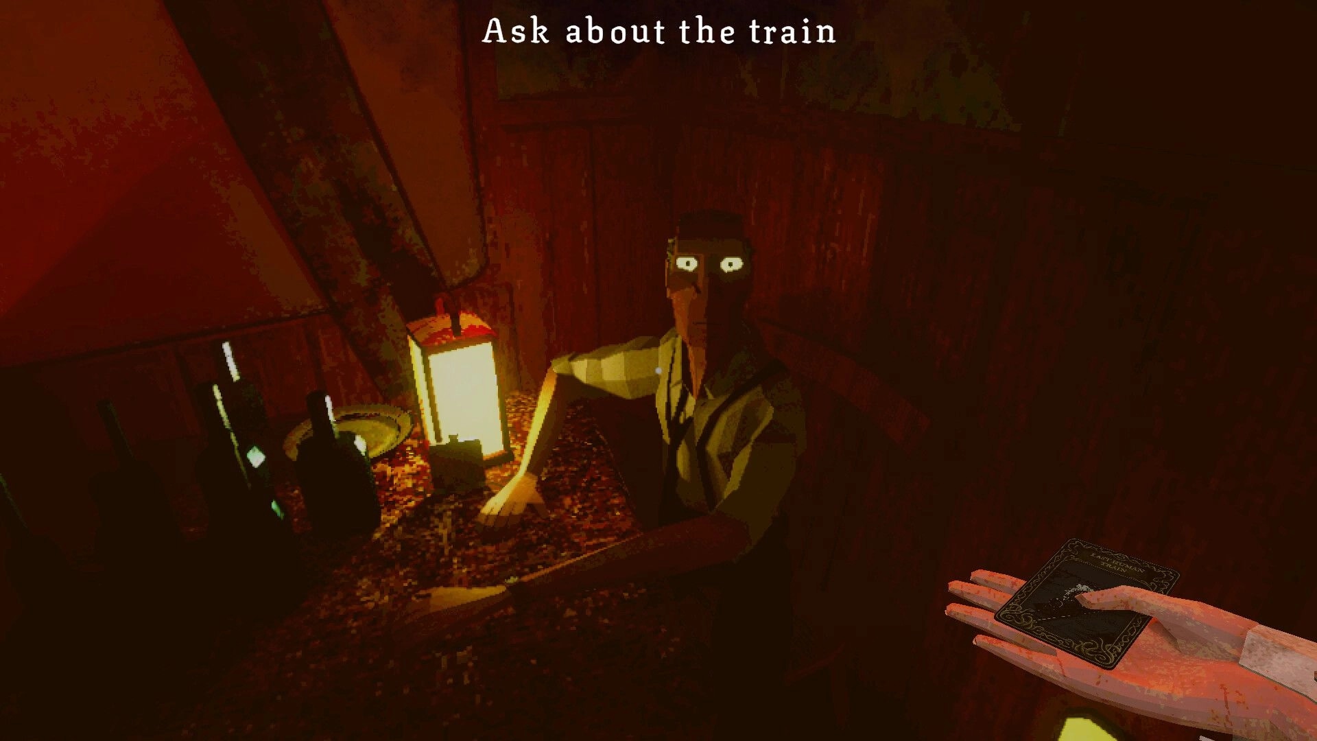 Dreadline Express: Dialogue prompt “Ask about the train” with a man at a dim booth, card in hand.