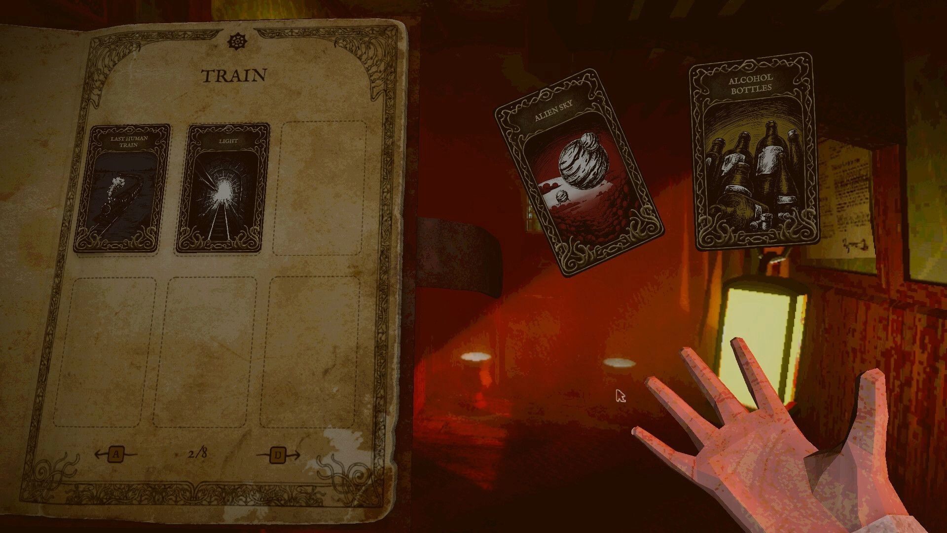 Dreadline Express: Train card inventory open with Light and Last Human Train, dim red corridor view.