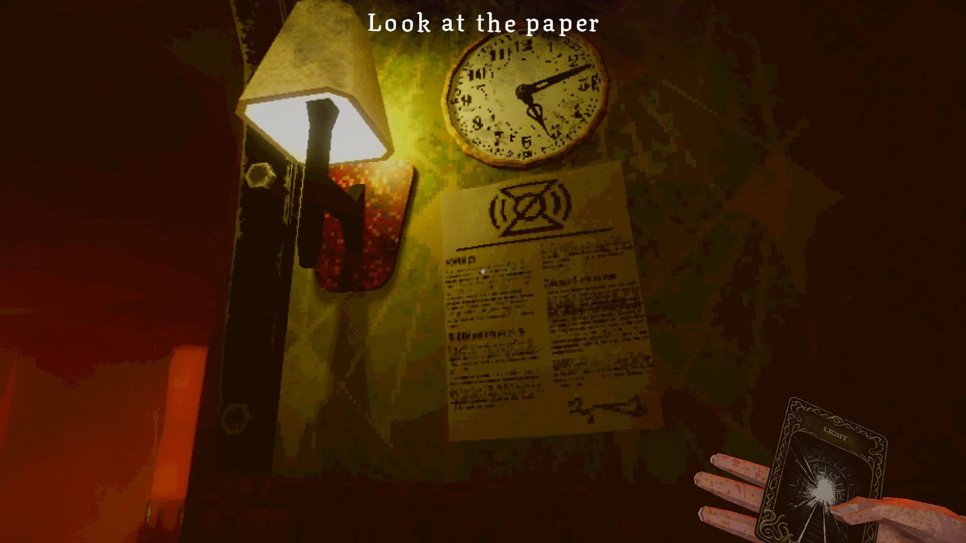 Dreadline Express: Prompt to look at paper beside a wall clock in dim train cabin, card in hand.