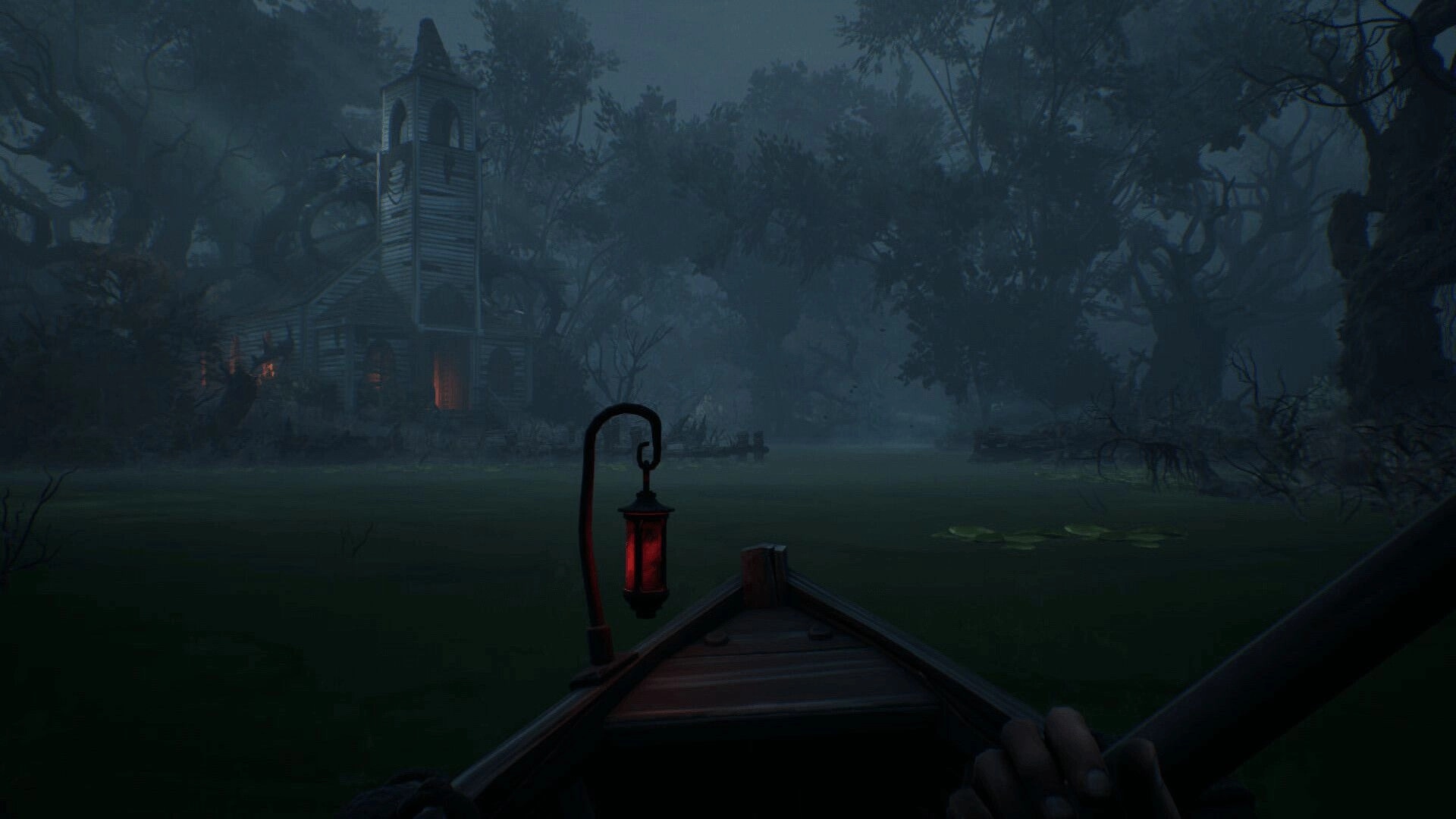 DREADMOOR: Rowing through a foggy swamp towards a dimly lit church, eerie trees in the background.