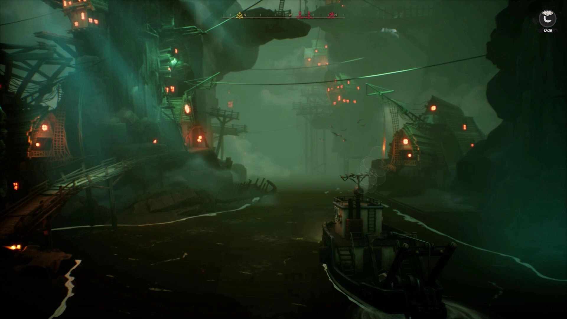 DREADMOOR: Boat navigating foggy river with glowing cliffside dwellings in eerie green misty environment