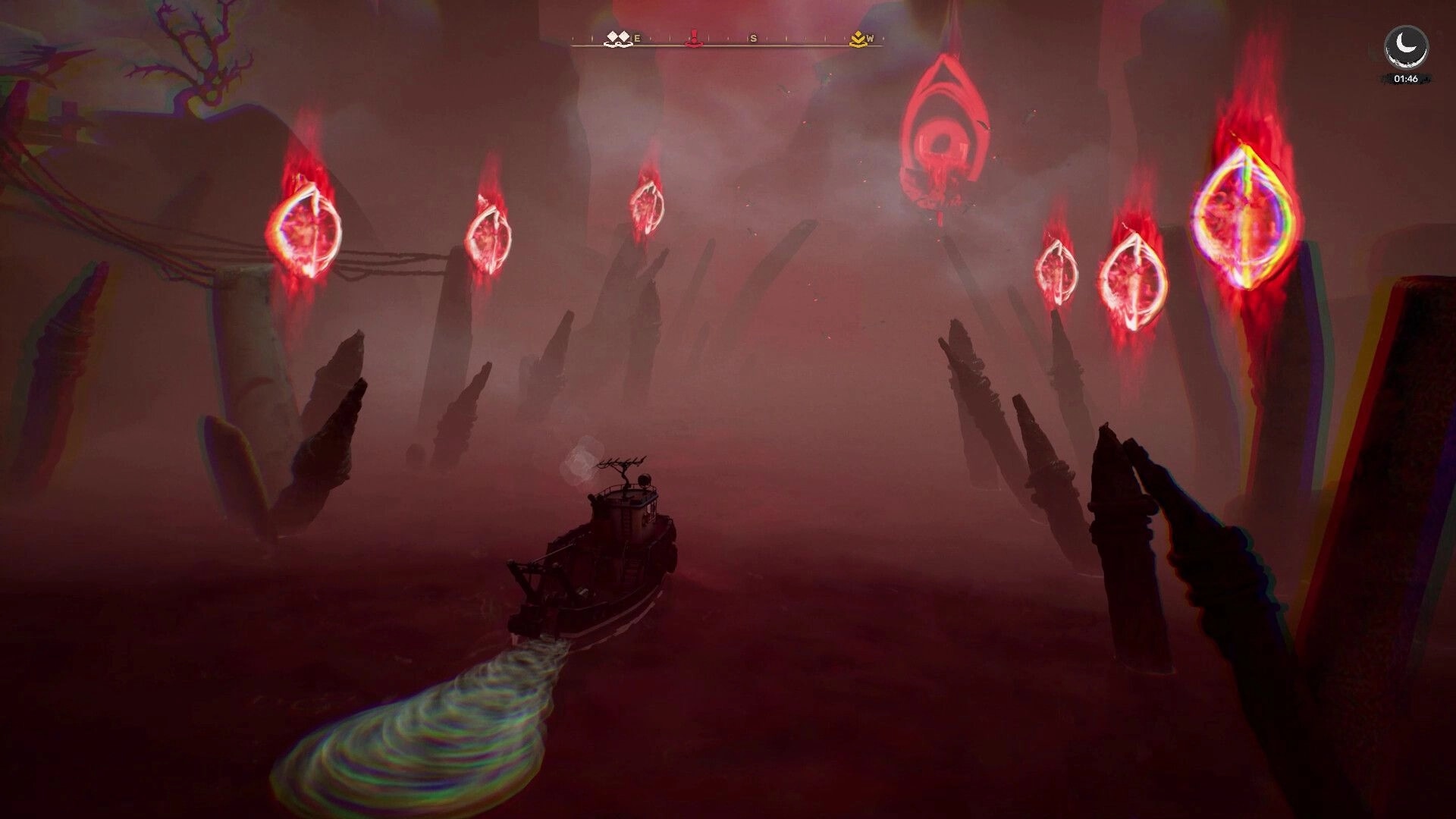 DREADMOOR: A lone fishing boat navigates a foggy, ominous sea surrounded by glowing red eyes.