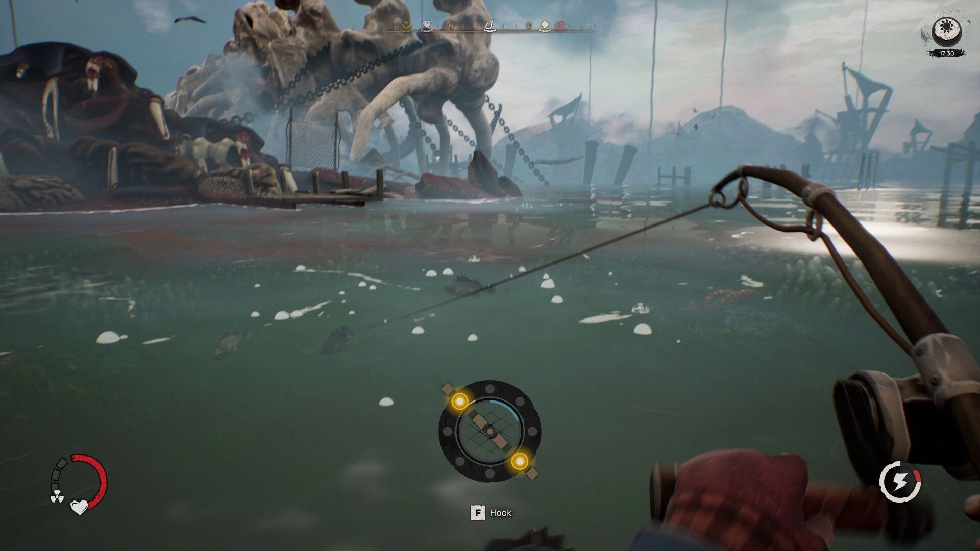 DREADMOOR: Fishing rod casting in monster-infested waters with giant creature and ruined structures visible.