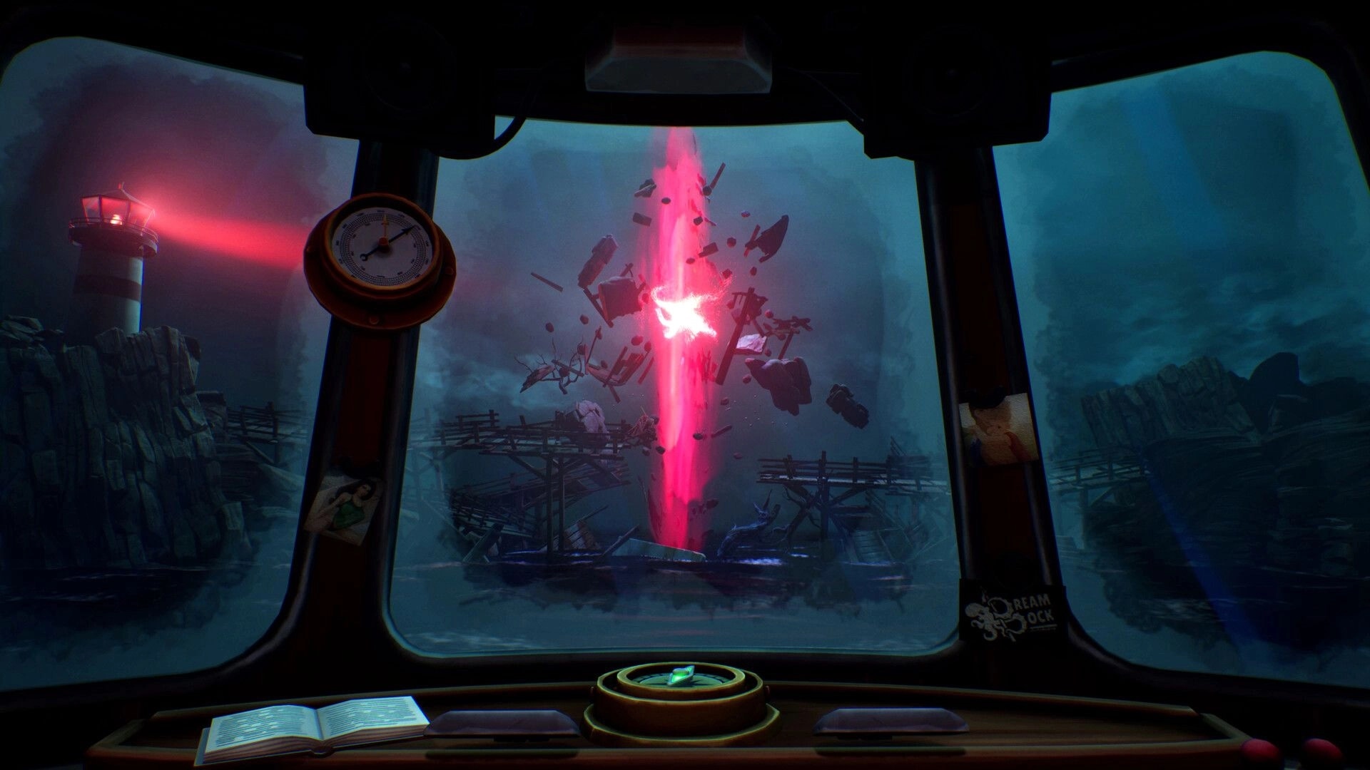 DREADMOOR: View from boat window showing eerie red rift and lighthouse in a stormy sea environment.