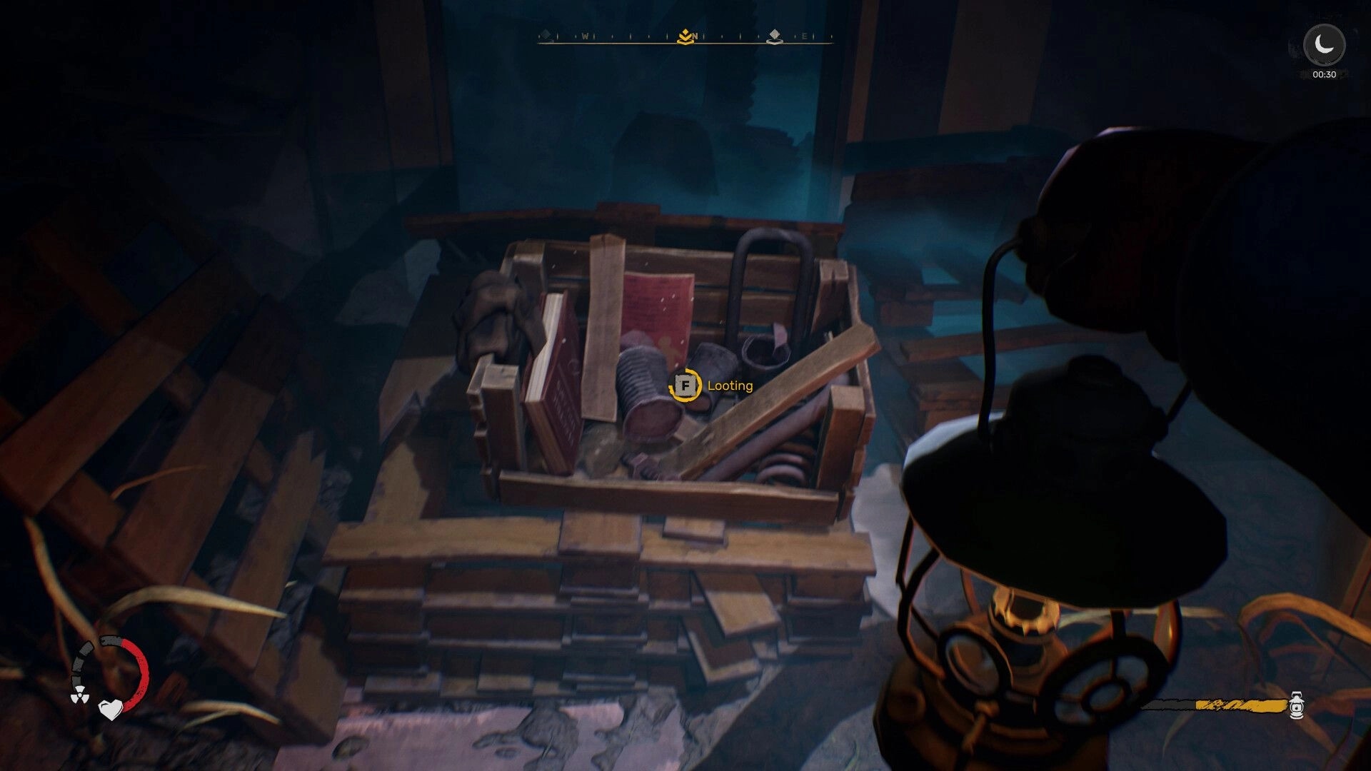 DREADMOOR: Player looting crate filled with items in dimly lit, debris-filled room holding a lantern