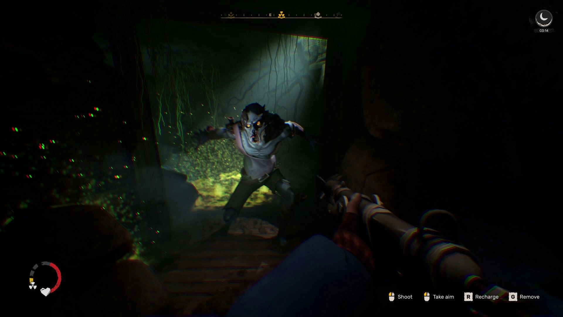 DREADMOOR: Close-up of a monstrous face with "FIGHT BACK!" prompt in a dark, eerie environment.