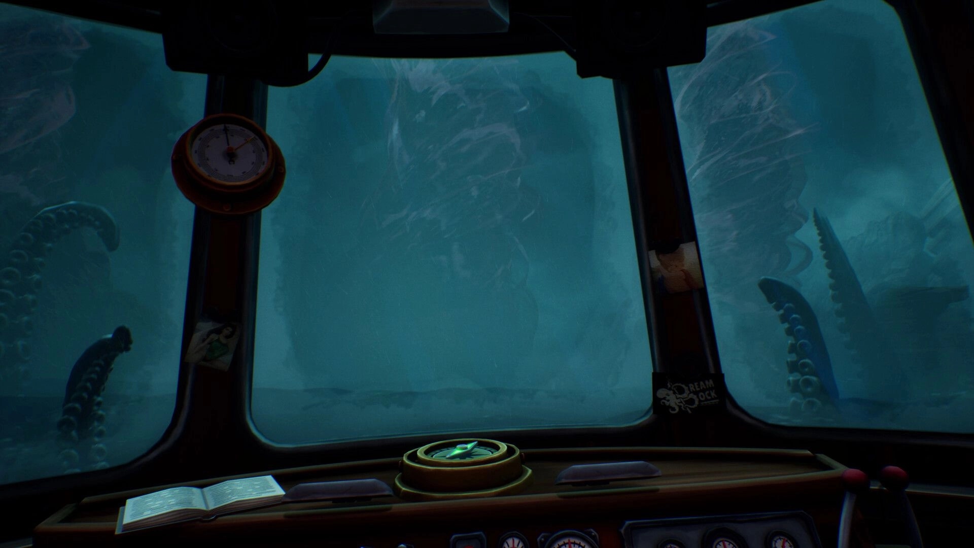 DREADMOOR: Submarine cockpit view with tentacles outside in murky waters, gauges and compass visible.