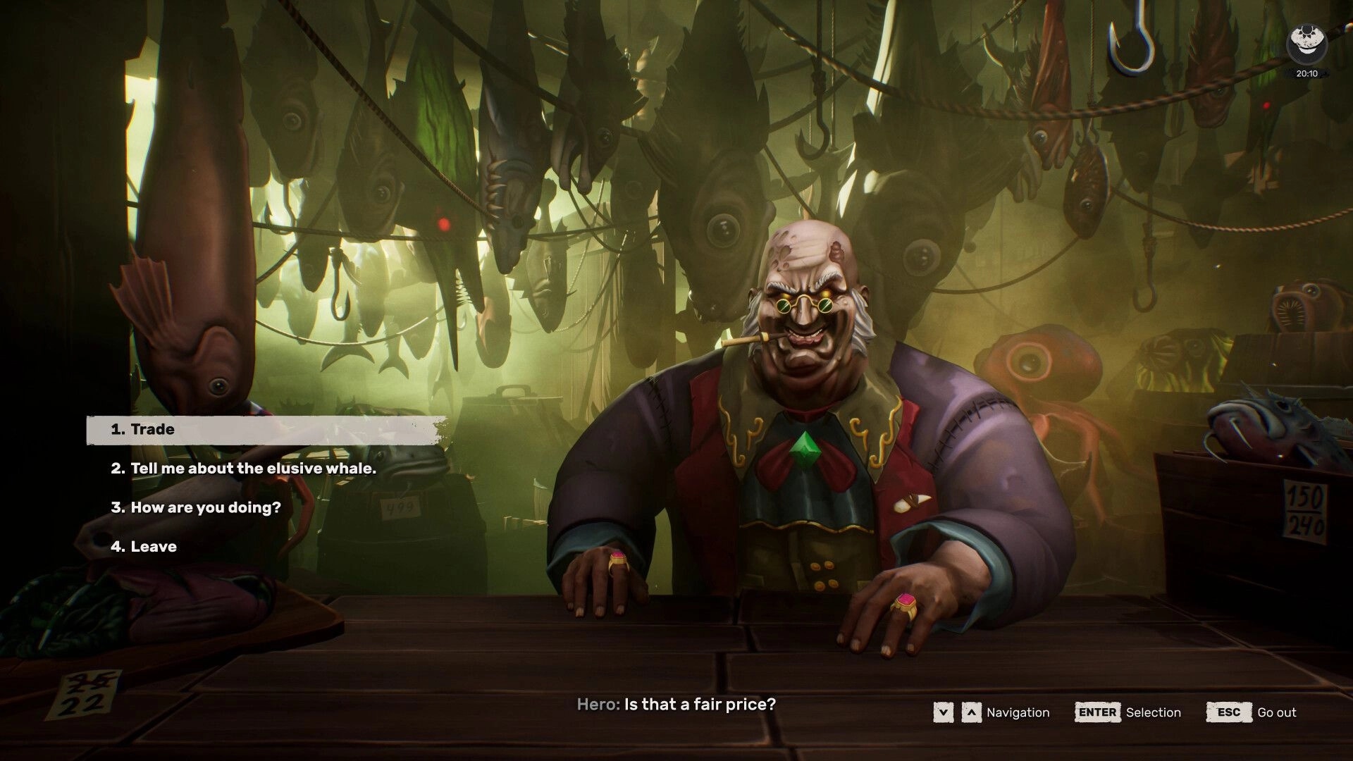 DREADMOOR: Merchant interaction menu with trade options amidst hanging fish and eerie green lighting.