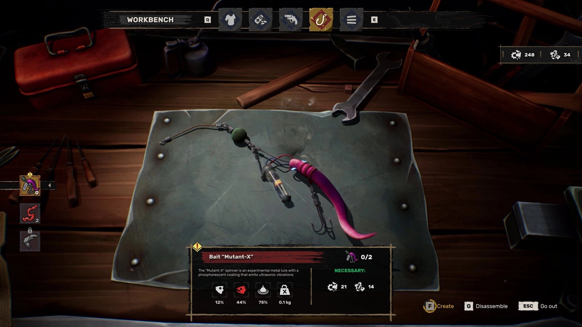 DREADMOOR: Crafting "Mutant-X" bait at the workbench with tools, inventory, and bait statistics displayed.