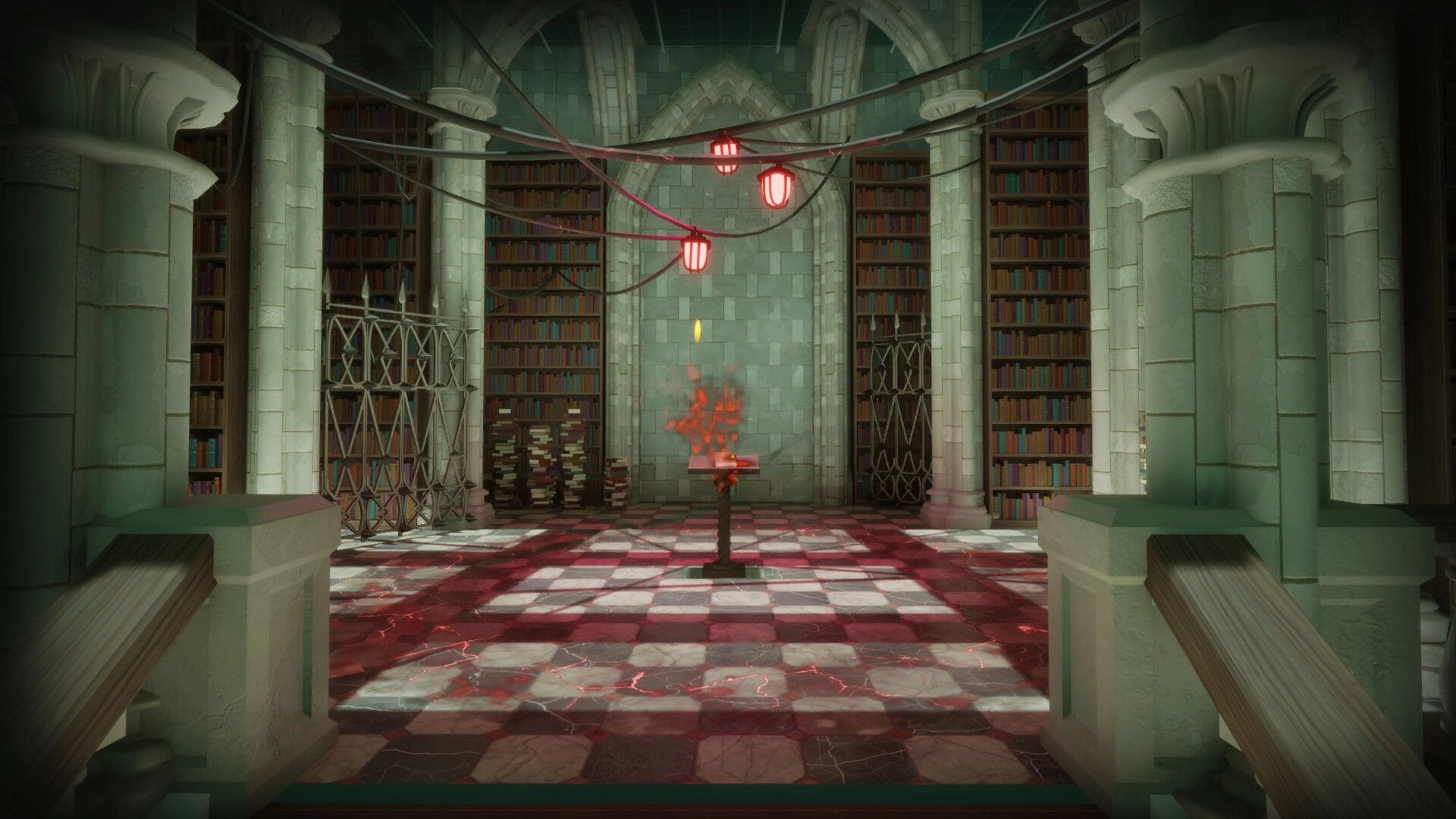 Dreadtome: Enchanted book on pedestal in ancient library with glowing red lights and towering bookshelves