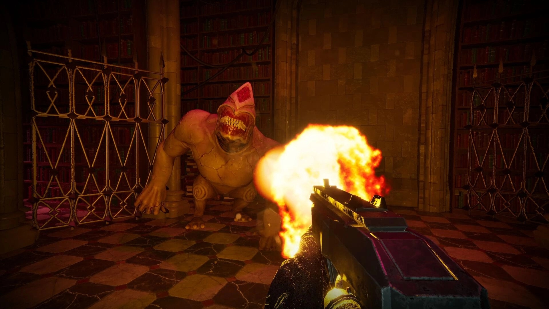 Dreadtome: First-person shooter combat with a monstrous creature in a dimly lit library setting